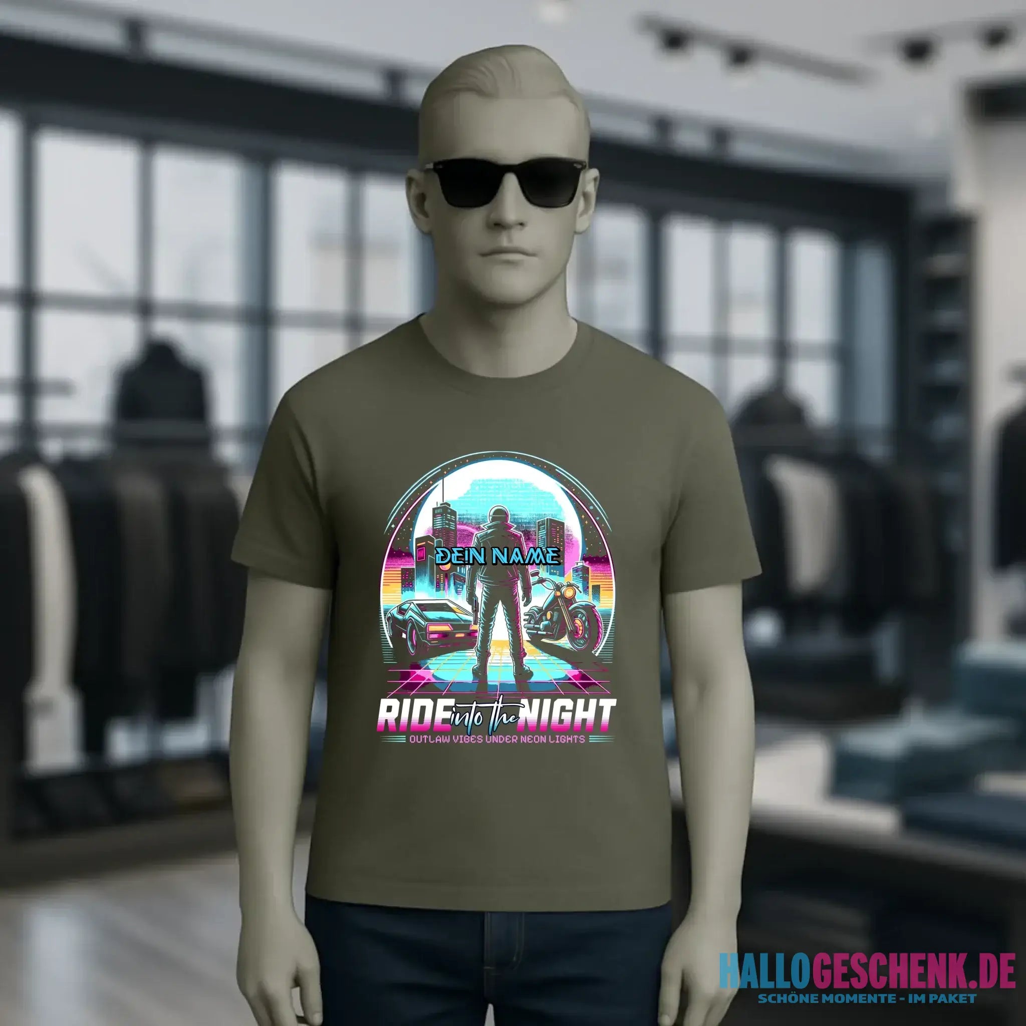 Dein Name • Ride into the night • Retro • 80s • Cyberpunk • Unisex Premium T-Shirt XS-5XL aus Bio-Baumwolle für Damen & Herren • Exklusivdesign • personalisiert
