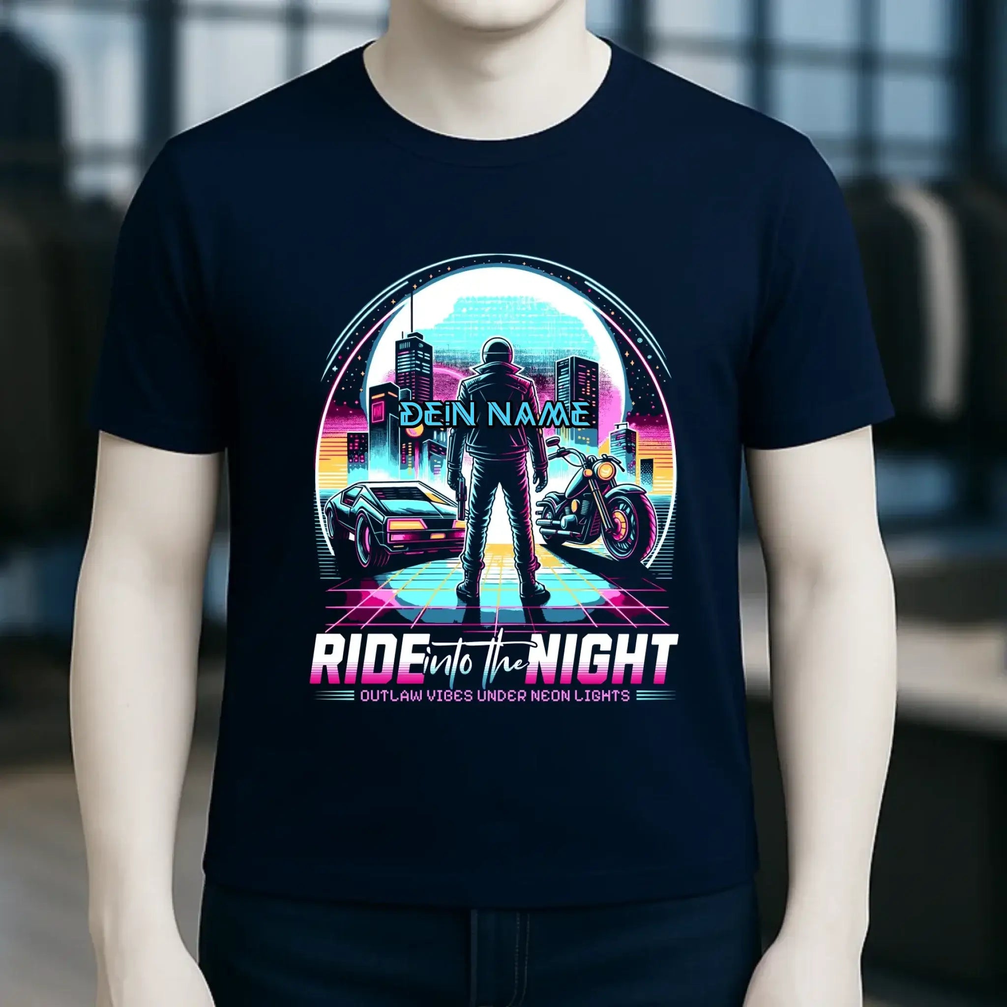 Dein Name • Ride into the night • Retro • 80s • Cyberpunk • Unisex Premium T-Shirt XS-5XL aus Bio-Baumwolle für Damen & Herren • Exklusivdesign • personalisiert