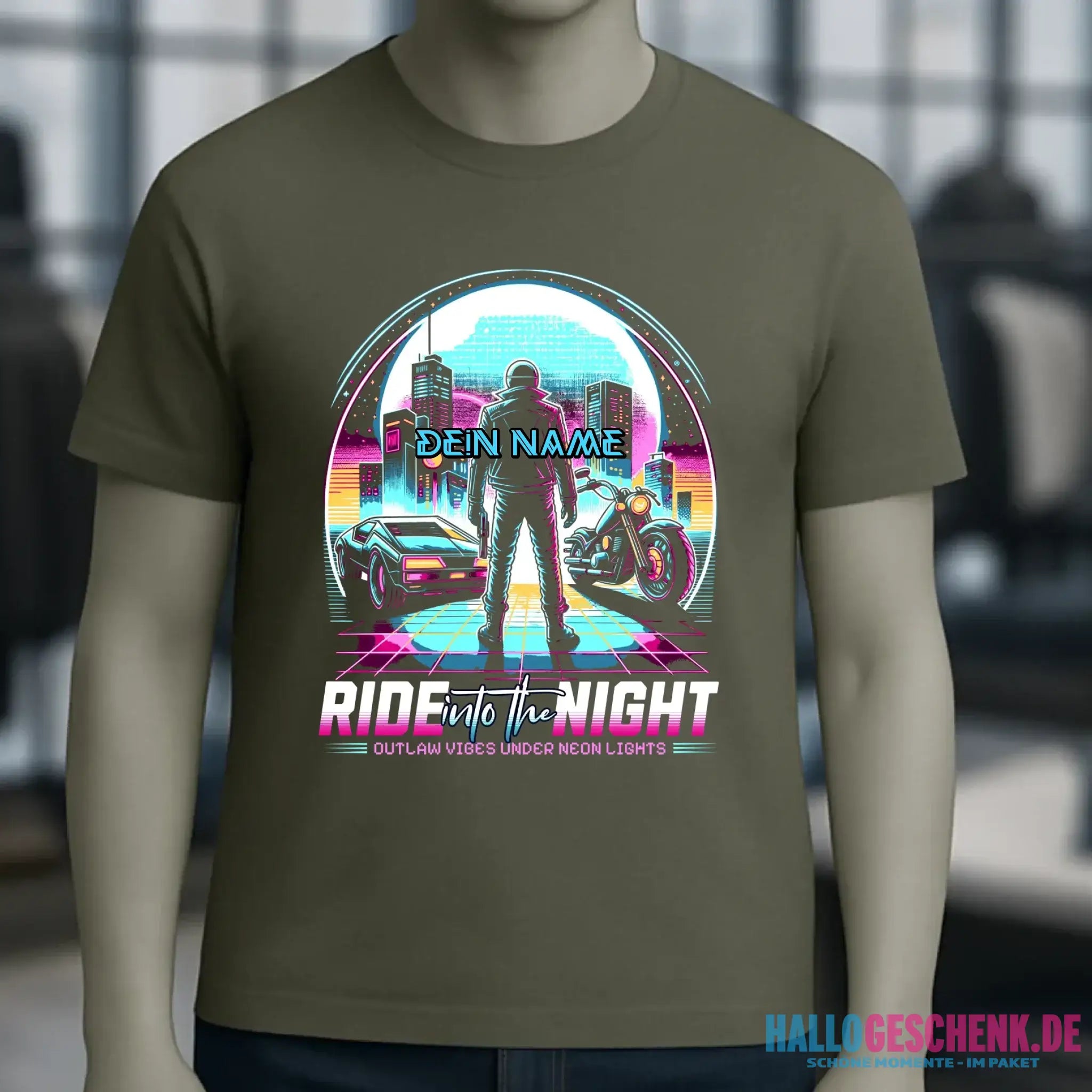 Dein Name • Ride into the night • Retro • 80s • Cyberpunk • Unisex Premium T-Shirt XS-5XL aus Bio-Baumwolle für Damen & Herren • Exklusivdesign • personalisiert