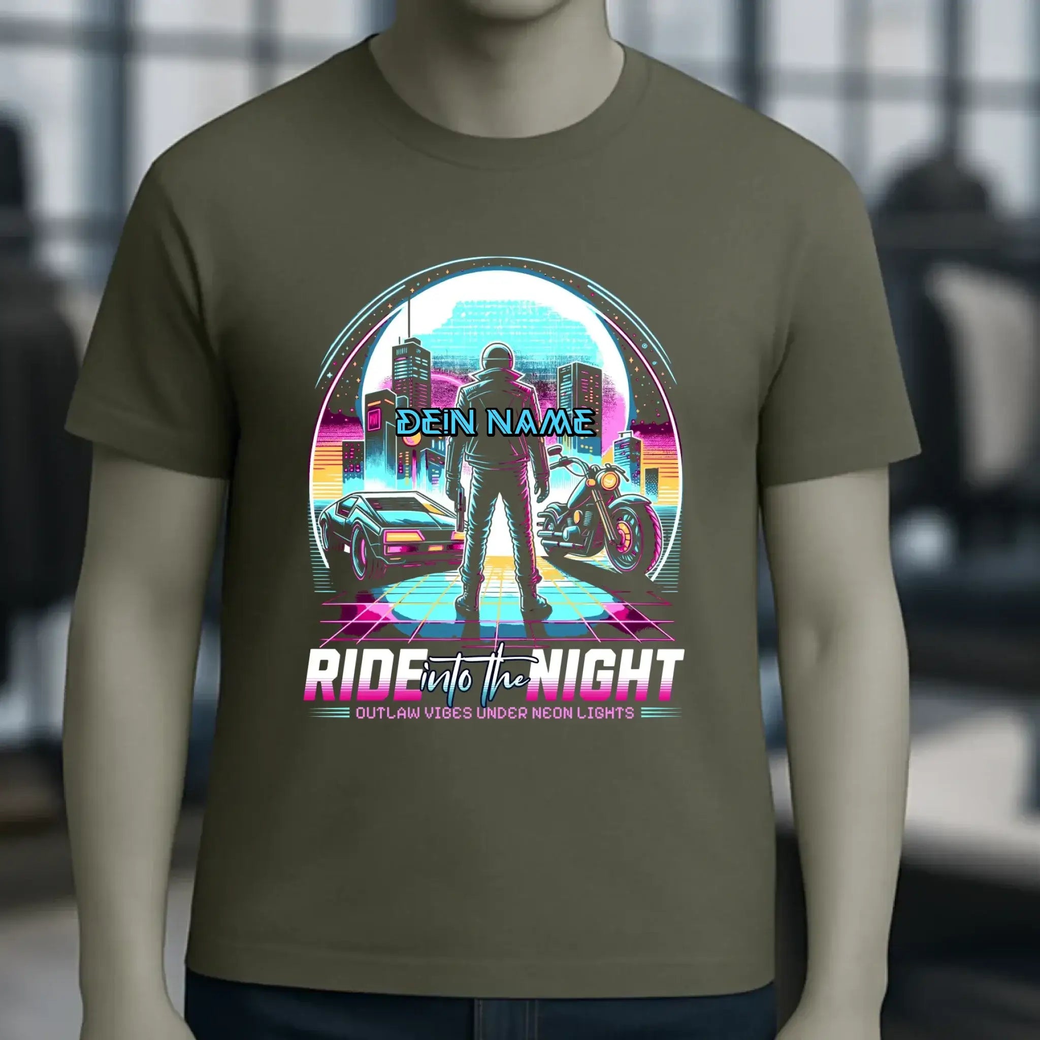 Dein Name • Ride into the night • Retro • 80s • Cyberpunk • Unisex Premium T-Shirt XS-5XL aus Bio-Baumwolle für Damen & Herren • Exklusivdesign • personalisiert