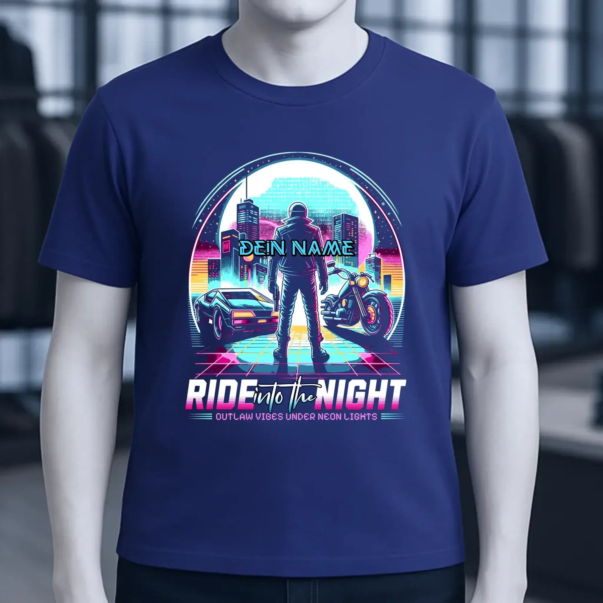 Dein Name • Ride into the night • Retro • 80s • Cyberpunk • Unisex Premium T-Shirt XS-5XL aus Bio-Baumwolle für Damen & Herren • Exklusivdesign • personalisiert