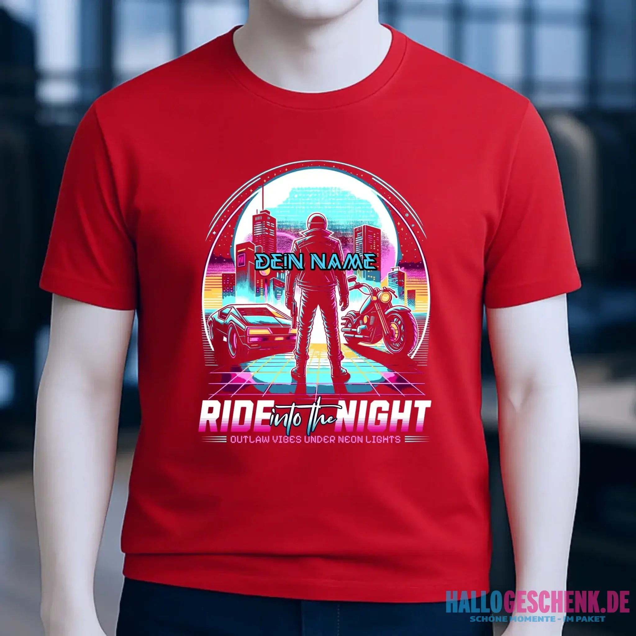 Dein Name • Ride into the night • Retro • 80s • Cyberpunk • Unisex Premium T-Shirt XS-5XL aus Bio-Baumwolle für Damen & Herren • Exklusivdesign • personalisiert