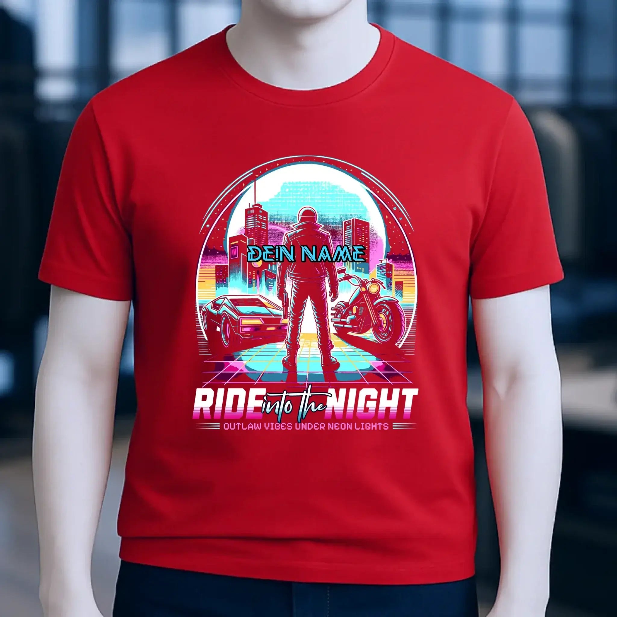 Dein Name • Ride into the night • Retro • 80s • Cyberpunk • Unisex Premium T-Shirt XS-5XL aus Bio-Baumwolle für Damen & Herren • Exklusivdesign • personalisiert