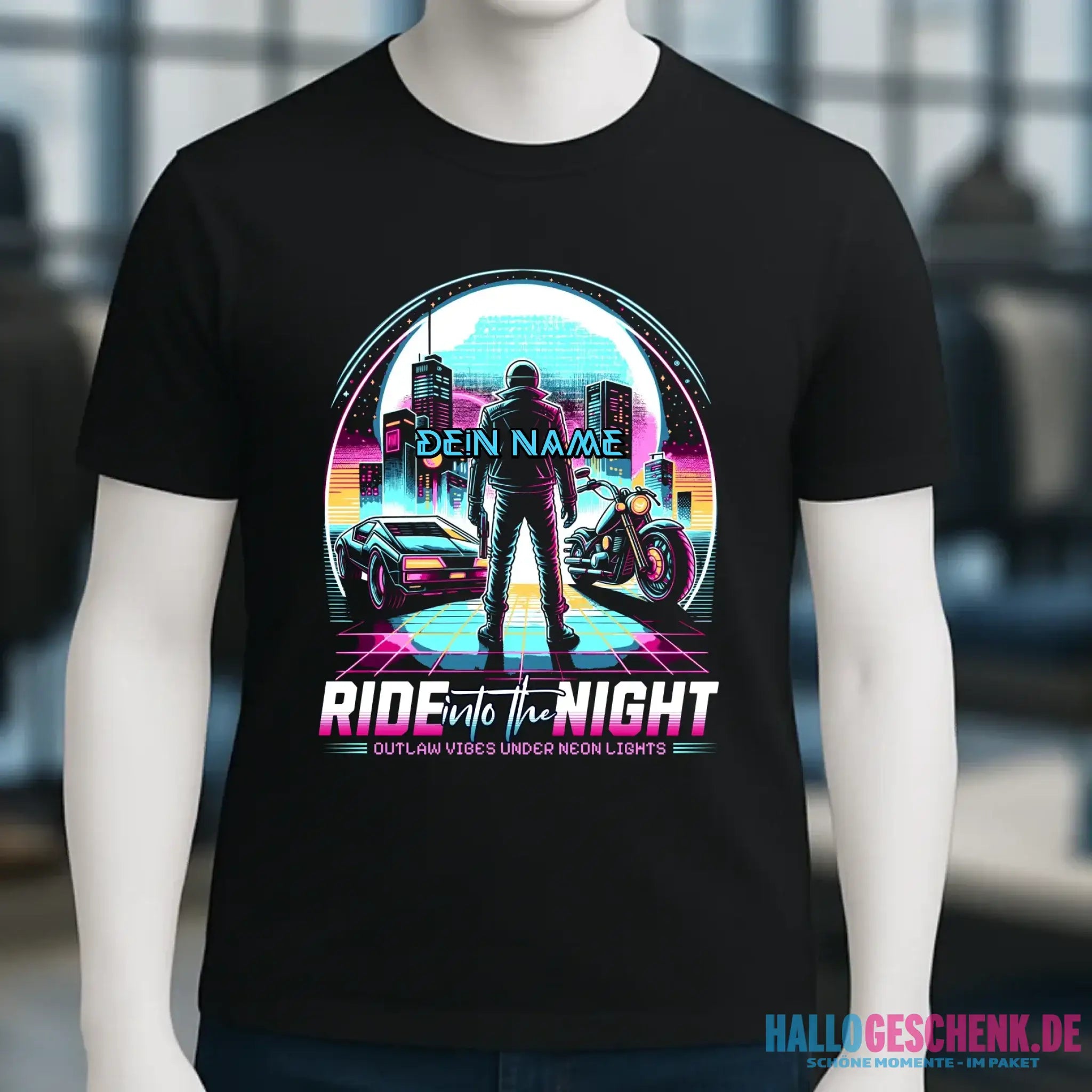 Dein Name • Ride into the night • Retro • 80s • Cyberpunk • Unisex Premium T-Shirt XS-5XL aus Bio-Baumwolle für Damen & Herren • Exklusivdesign • personalisiert