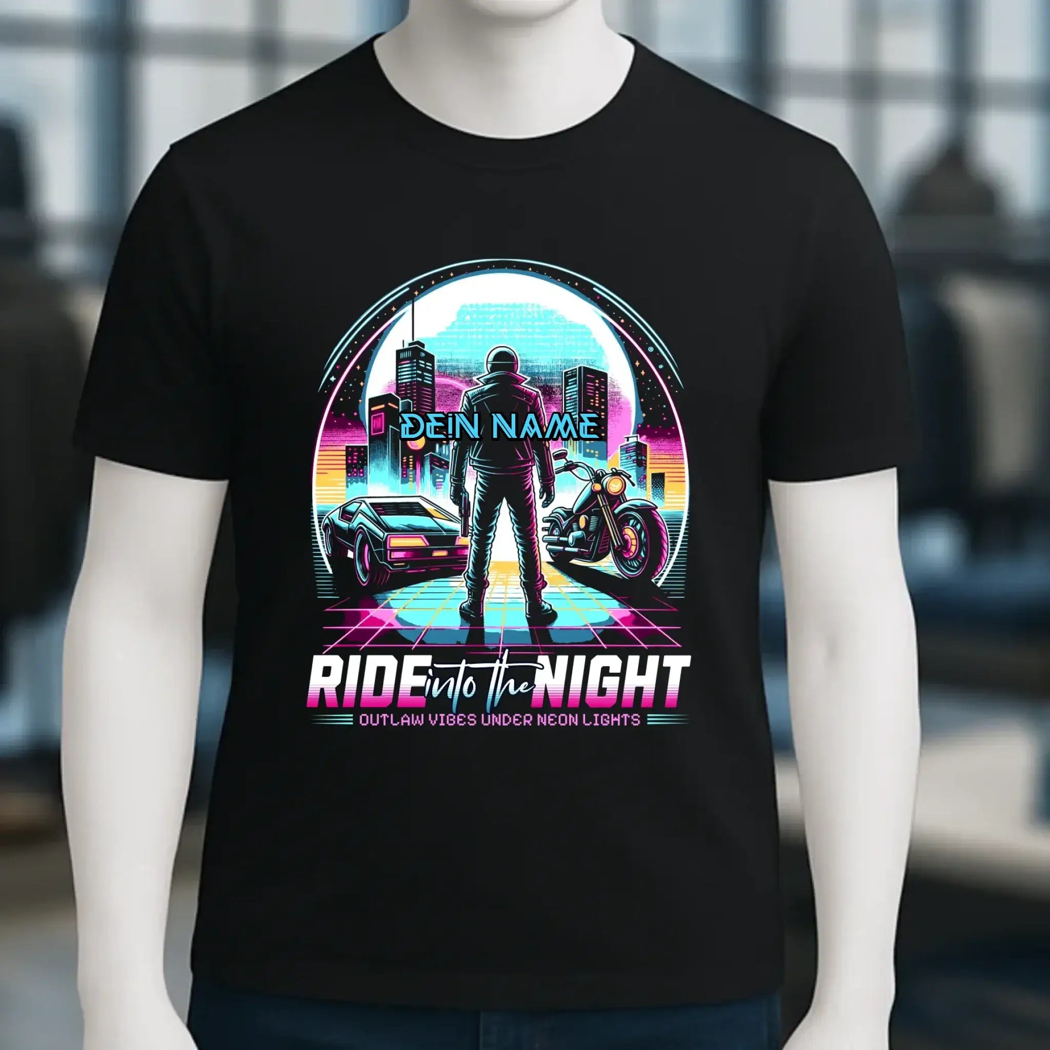 Dein Name • Ride into the night • Retro • 80s • Cyberpunk • Unisex Premium T-Shirt XS-5XL aus Bio-Baumwolle für Damen & Herren • Exklusivdesign • personalisiert