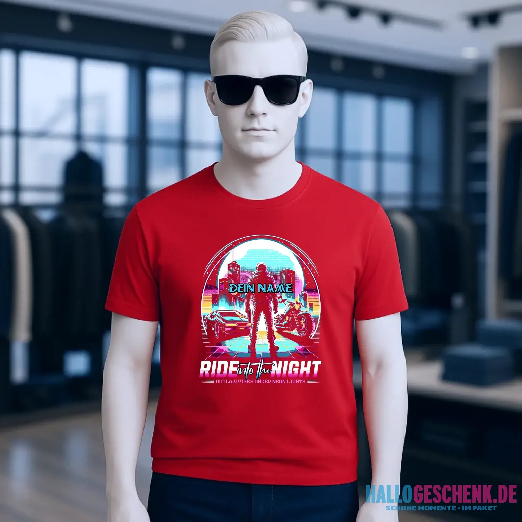 Dein Name • Ride into the night • Retro • 80s • Cyberpunk • Unisex Premium T-Shirt XS-5XL aus Bio-Baumwolle für Damen & Herren • Exklusivdesign • personalisiert