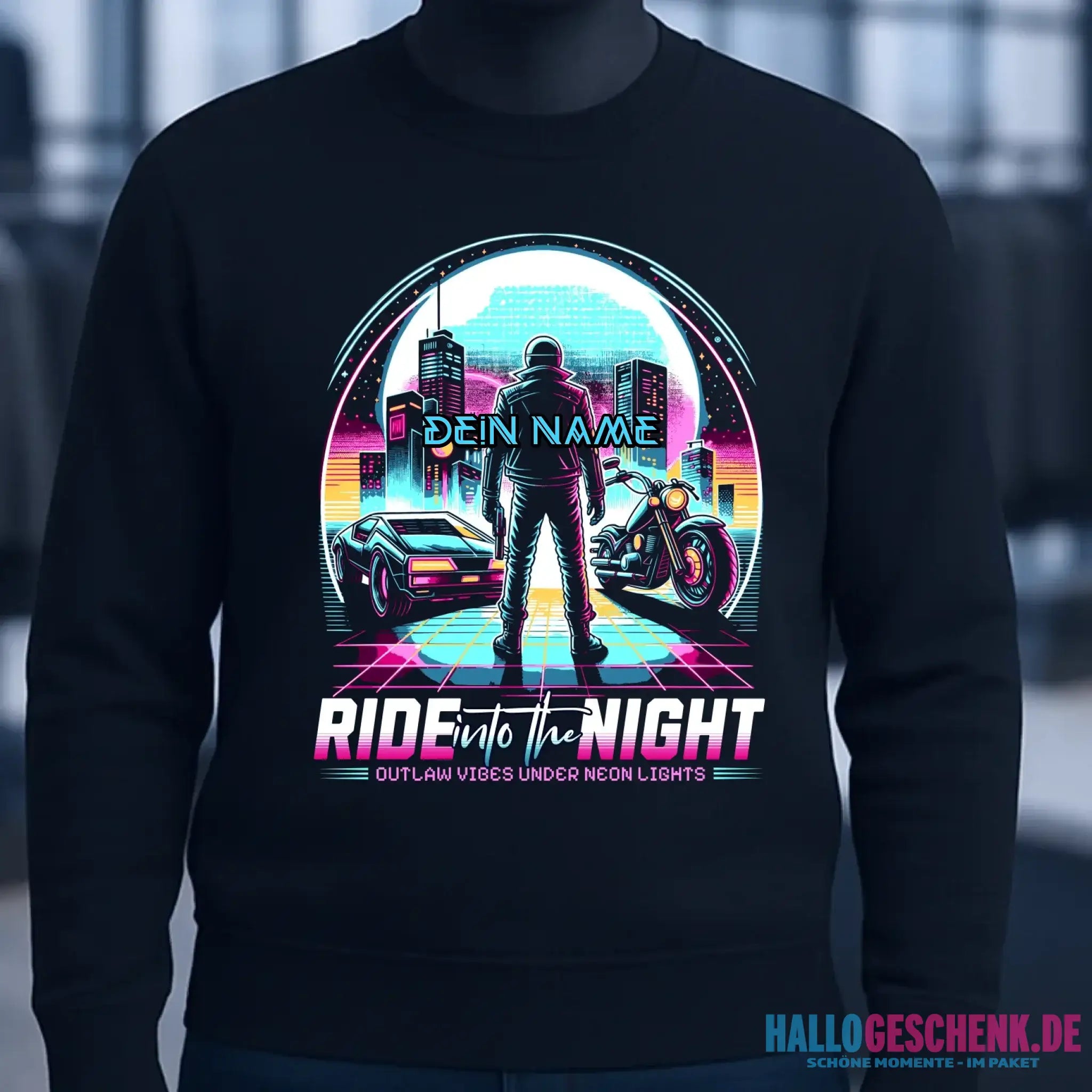 Dein Name • Ride into the night • Retro • 80s • Cyberpunk • Unisex Sweatshirt Bio-Baumwolle in 4 Farben XS-3XL • personalisiert
