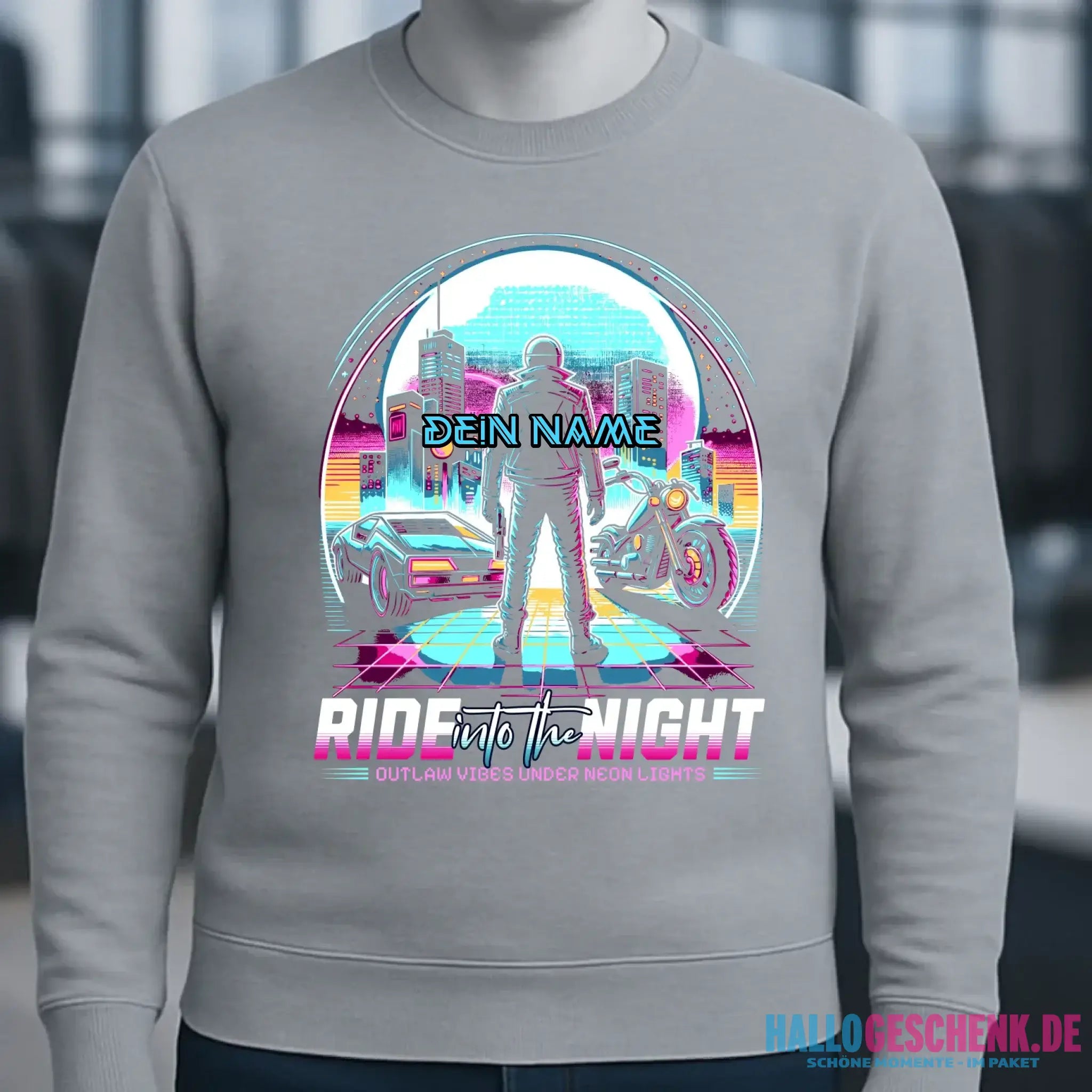 Dein Name • Ride into the night • Retro • 80s • Cyberpunk • Unisex Sweatshirt Bio-Baumwolle in 4 Farben XS-3XL • personalisiert