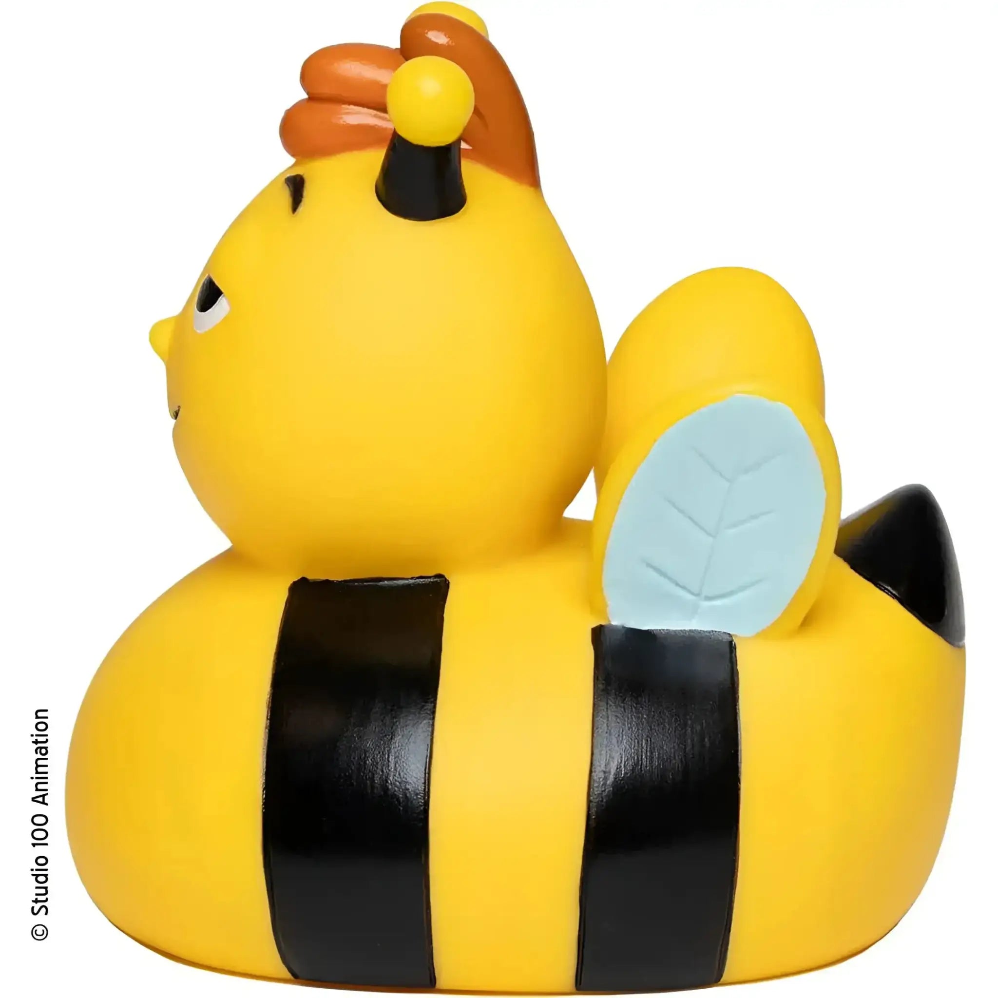 Gelbe gummiente biene mit schwarzen streifen orangenen antennen und hellblauen flügeln aus dem bundle die biene maja mit willi und flip