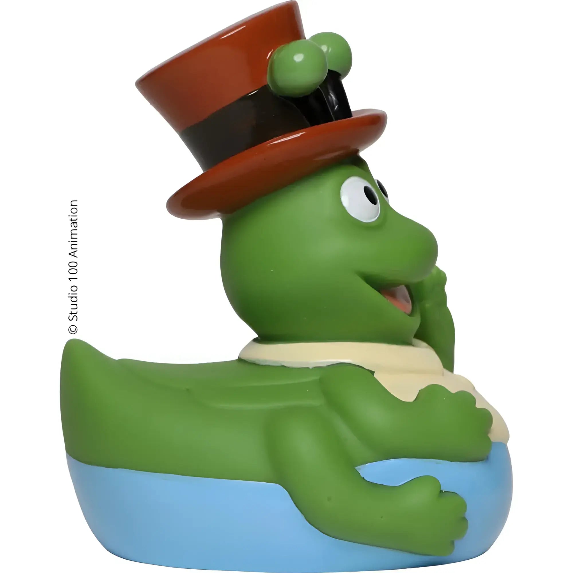 Grüne badeente mit braunem zylinderhut und cremefarbener schal aus dem bundle die biene maja mit willi und flip