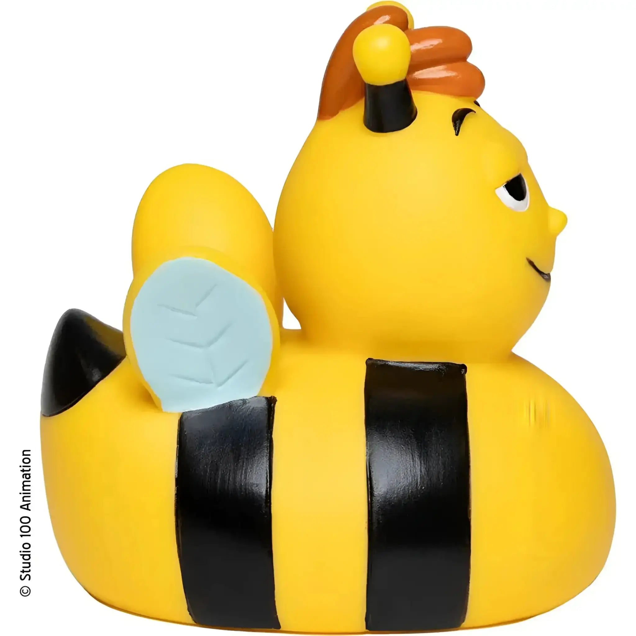Gelbe badeente mit schwarzen streifen, hellblauen flügeln und orangen antennen aus dem bundle die biene maja und freunde