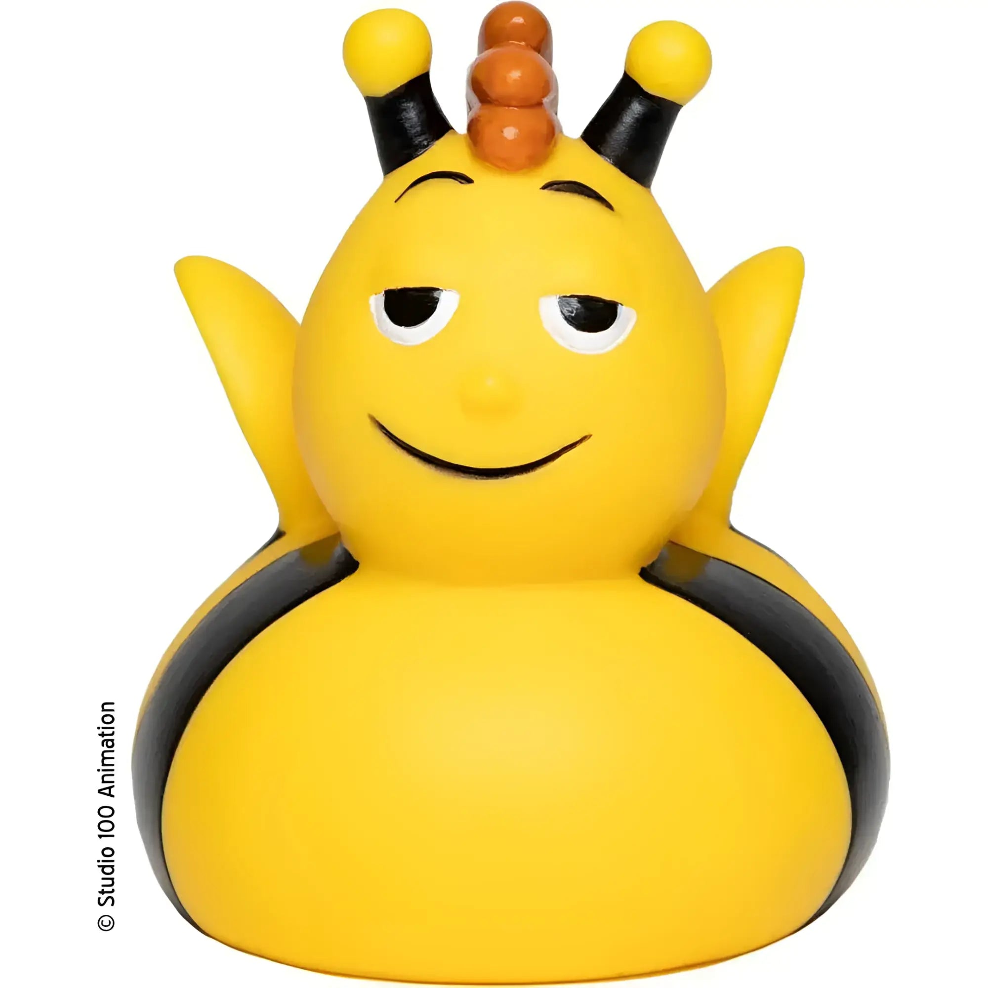 Gelbe gummibiene badeente mit schwarzen streifen orange getippten antennen und lachendem gesicht aus bundle die biene maja set