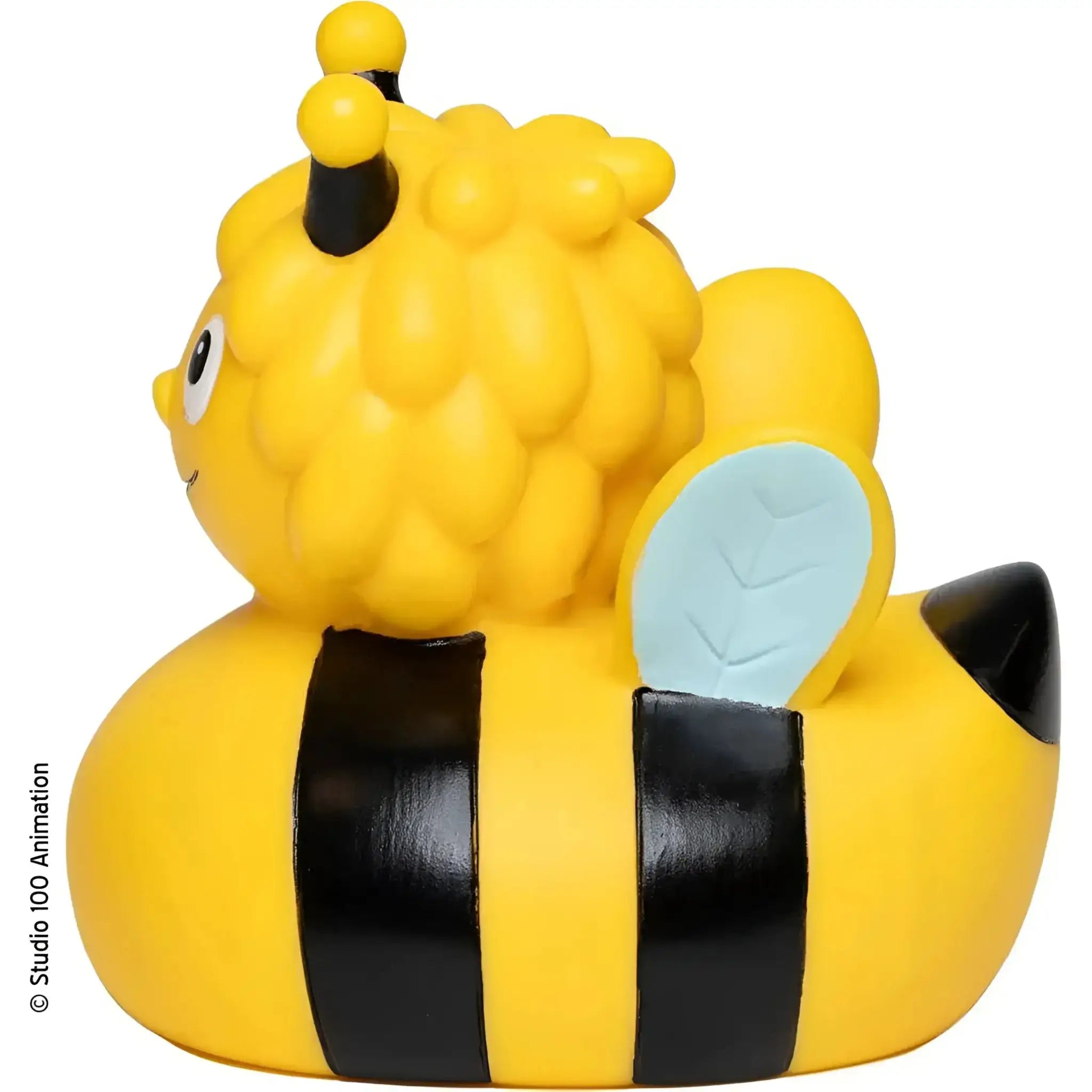 Gelbe badeente die biene maja mit schwarzen streifen und hellblauen glänzenden flügeln aus kunststoff