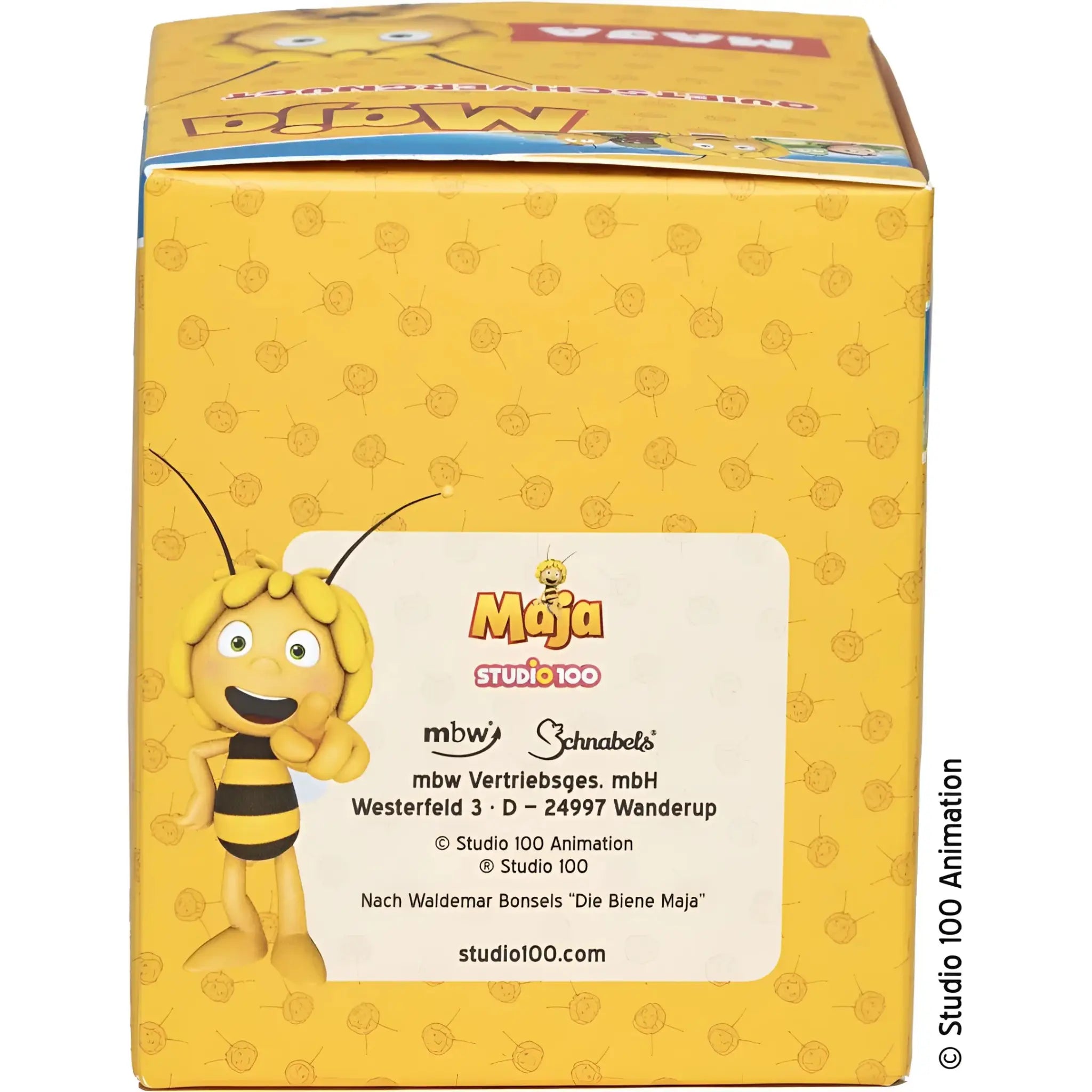 Gelbe pappe mit cartoon-biene und maja studio 100 branding für die biene maja quietsche- und badeente geschenkverpackung