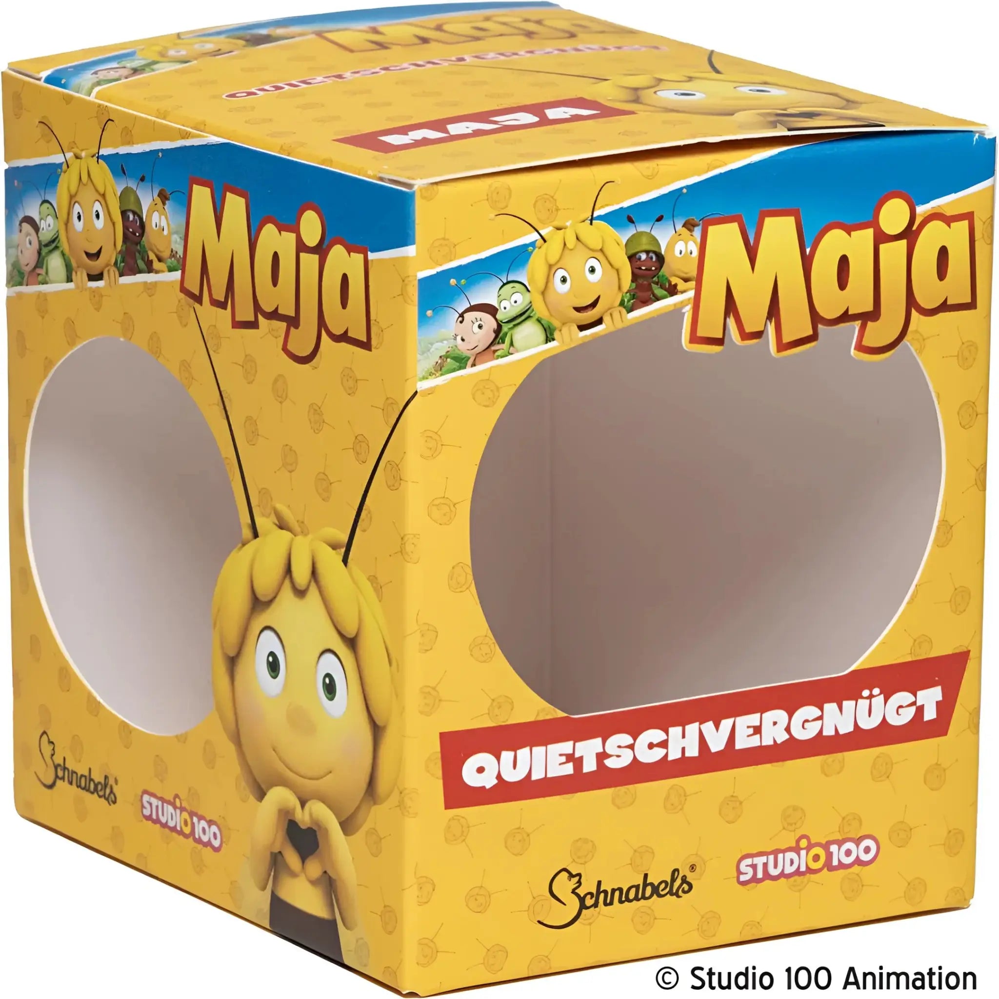 Gelbe kartonverpackung mit maja von schnabels studio 100 und quietscheente als offizielles lizenzprodukt