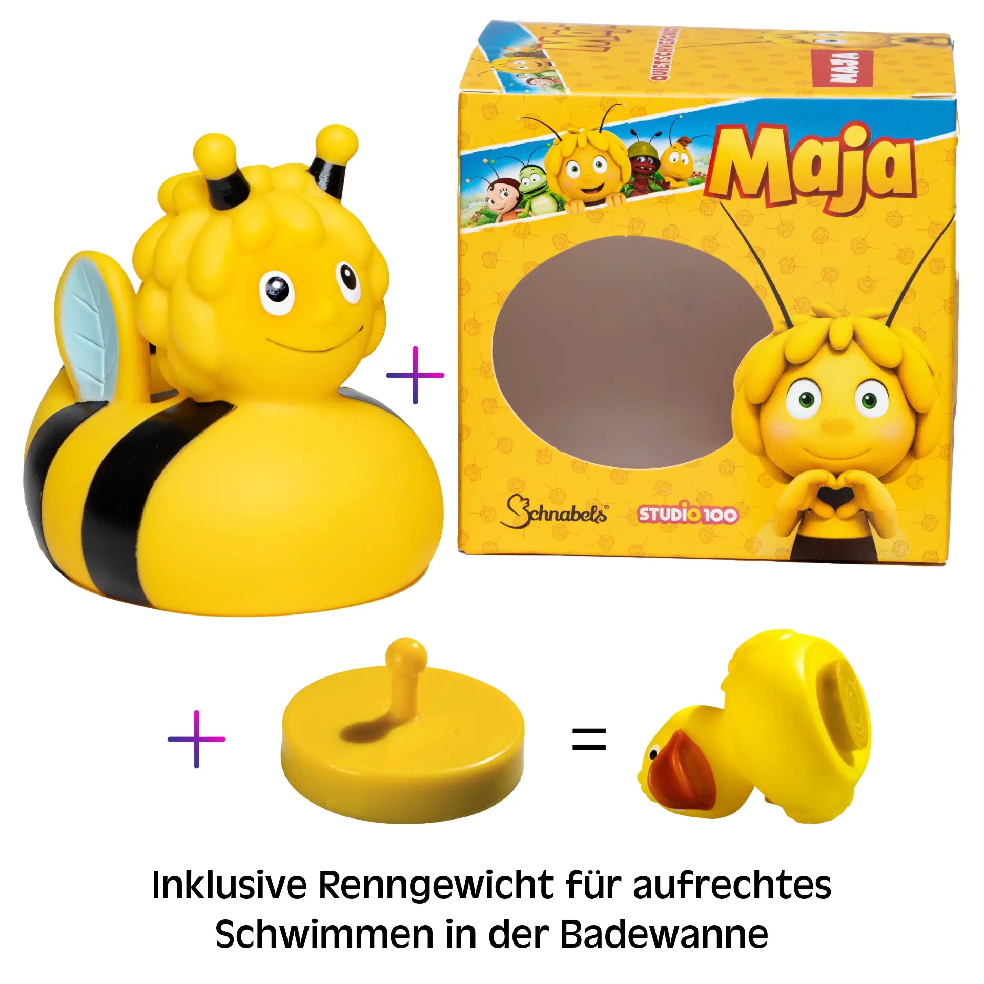 Gelbe gummi badeente biene maja mit schwarzen streifen und blauen flügeln im geschenkset mit hochwertiger verpackung