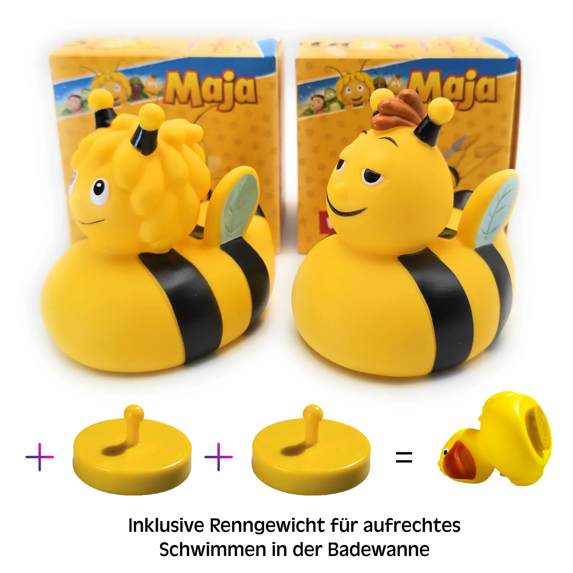 Gelbe gummibienen badeente mit schwarzen streifen und grünen flügeln von maja im geschenkset mit willi und 2 renngewichten