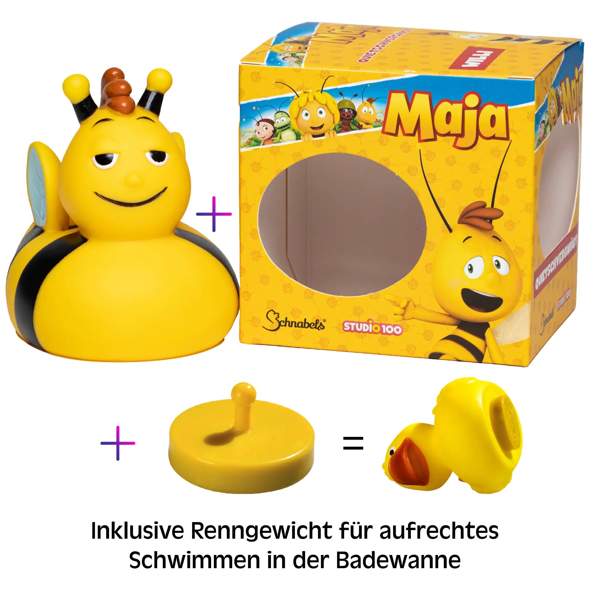 Gelbe gummiente biene mit schwarzen streifen und antennen lächelndes badeentchen aus dem biene maja geschenkset