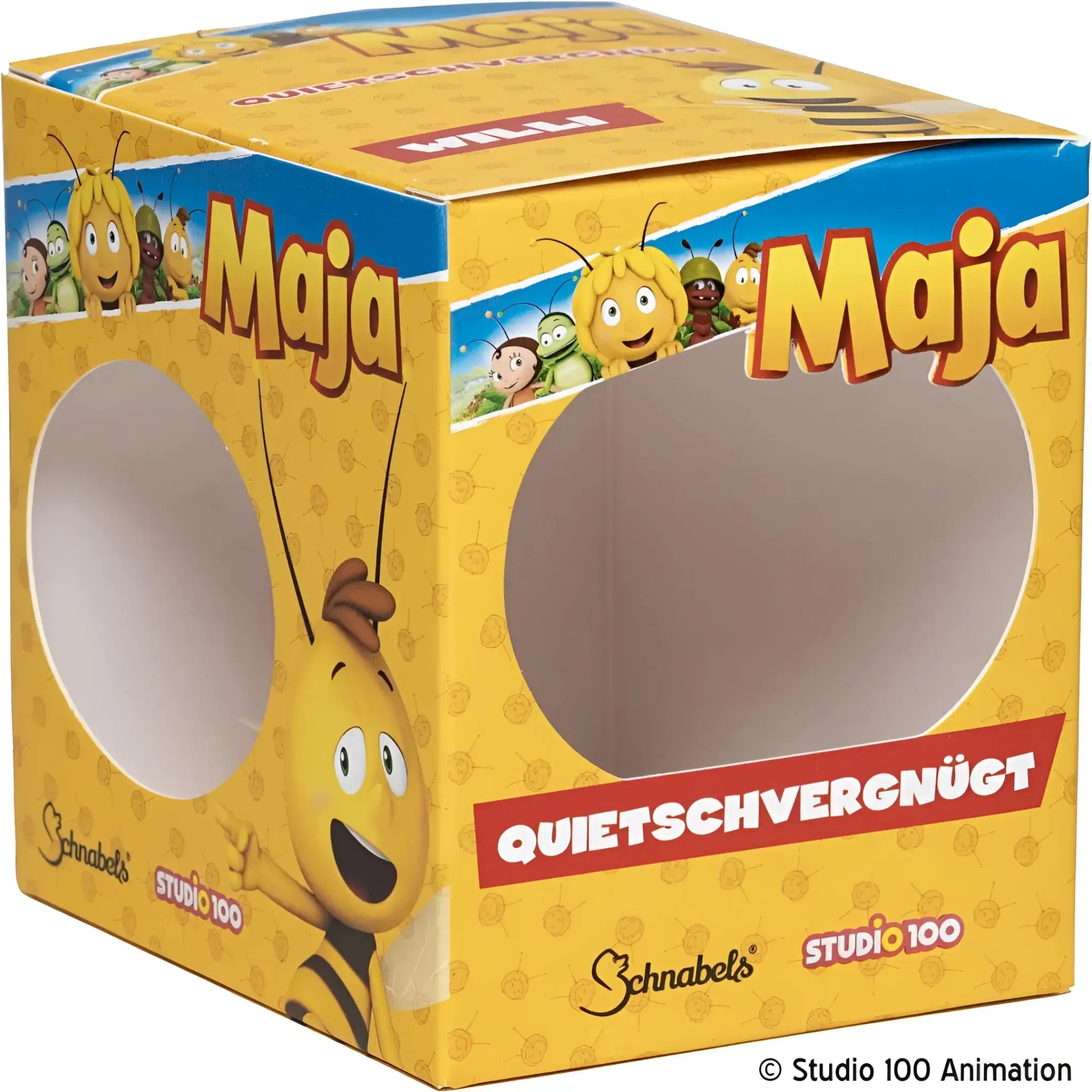 Gelbe kartonverpackung mit der cartoonfigur maja einer lächelnden biene mit schwarzen streifen für badeente