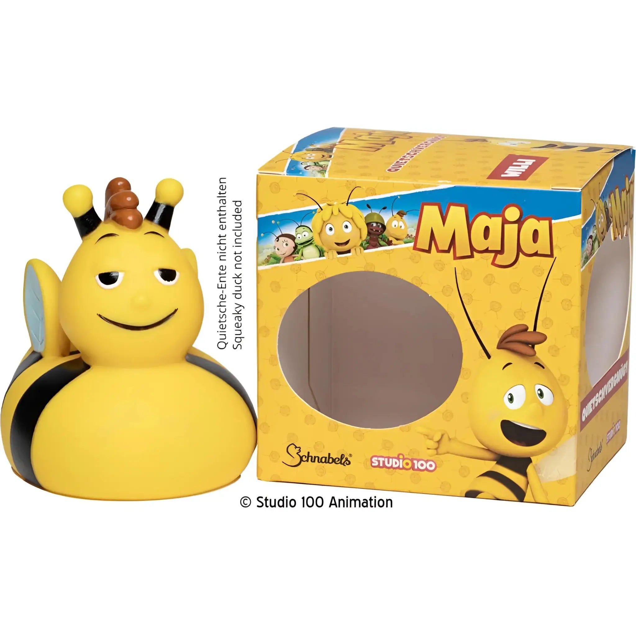 Gelbe gummibiene willi badeente mit schwarzen streifen und lächelndem gesicht im offiziellen biene maja design