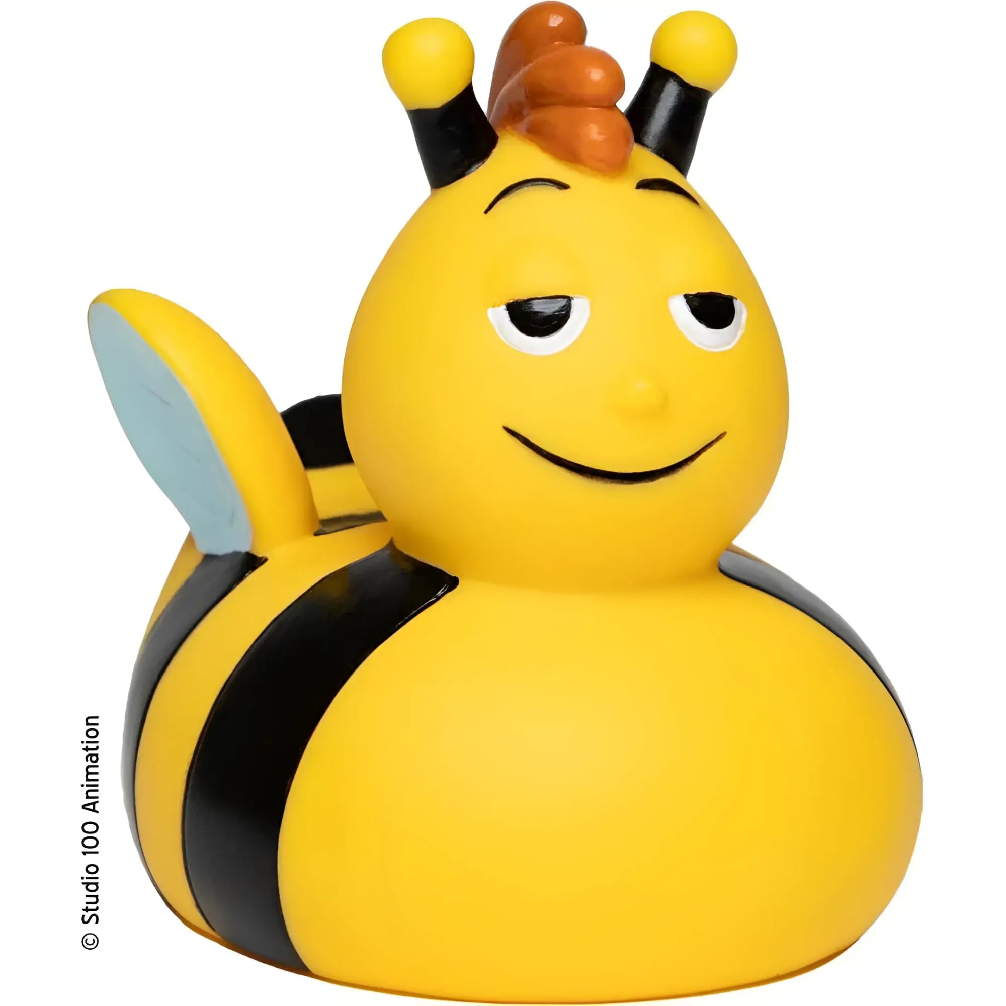 Gelbe und schwarze gummibiene badeente mit orangenen antennenspitzen und hellblauen flügeln von die biene willi