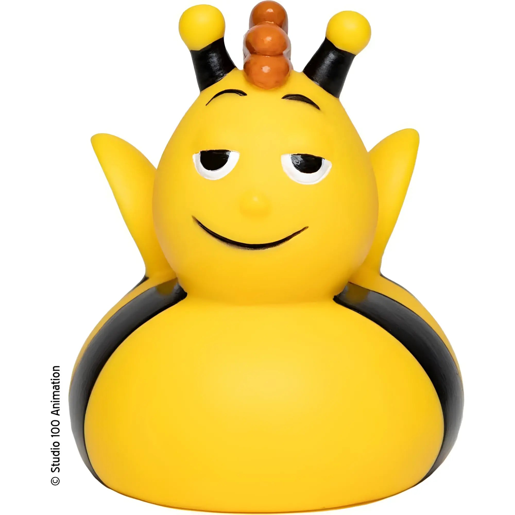 Gelbe gummibiene badeente mit schwarzen streifen antennen gelb orange und fröhlichem gesicht offizielles biene maja produkt