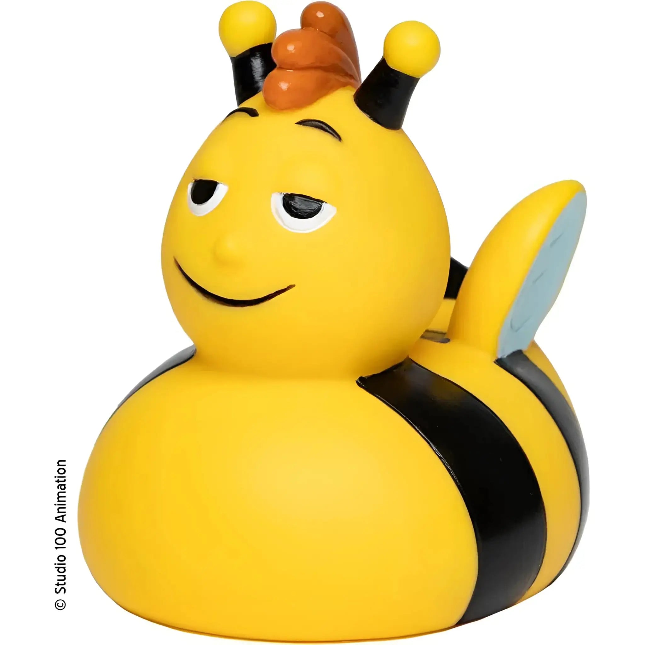 Gelbe gummiente biene willi mit schwarzen streifen, orangen antennenspitzen und hellblauen flügeln als badeente