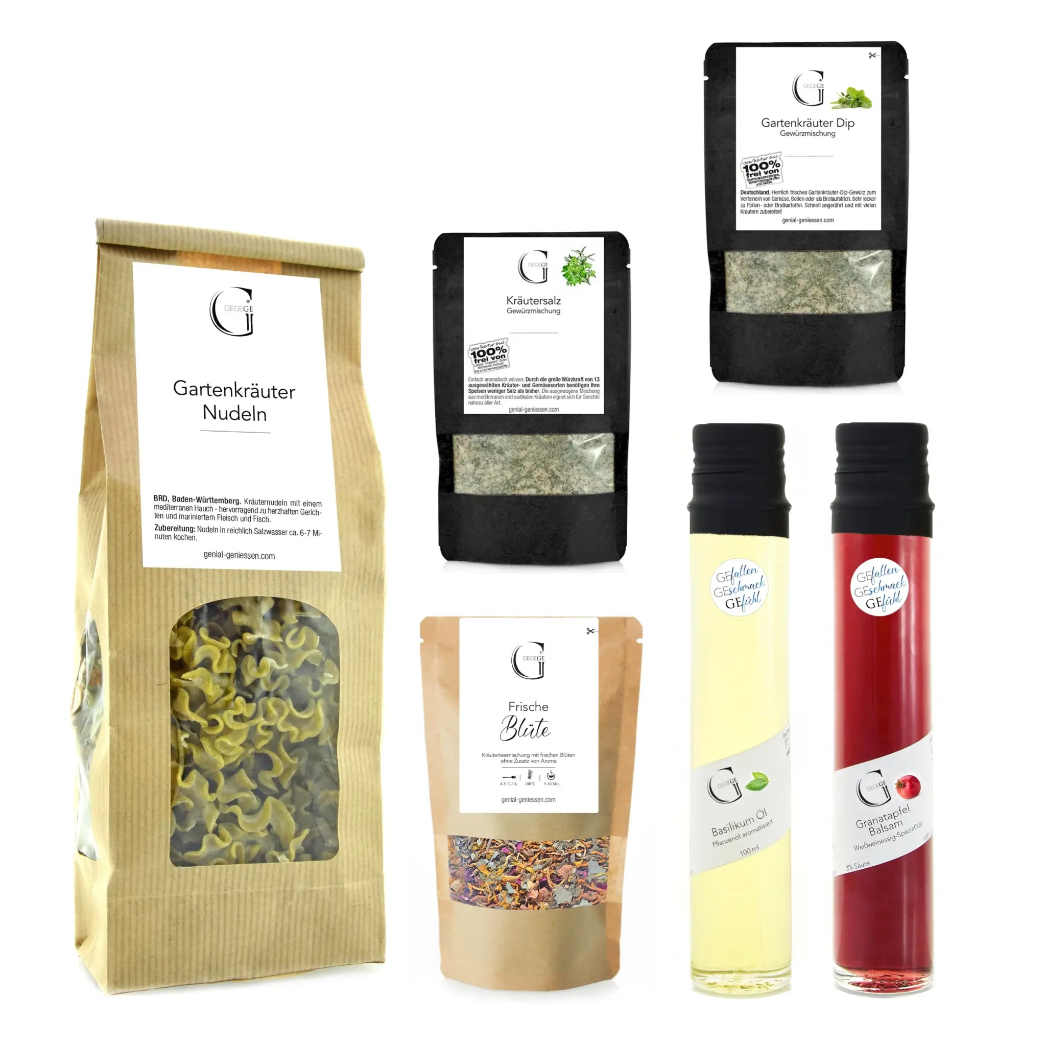 Braune papiertüte mit grünen gartenkräutern und nudeln im du bist die beste m geschenkset präsentkorb