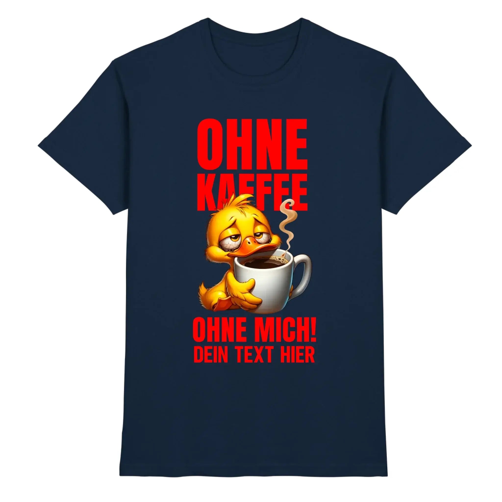 Navyblaues t-shirt mit gelber cartoon-ente und kaffetasse aus der duck n roll statement-collection