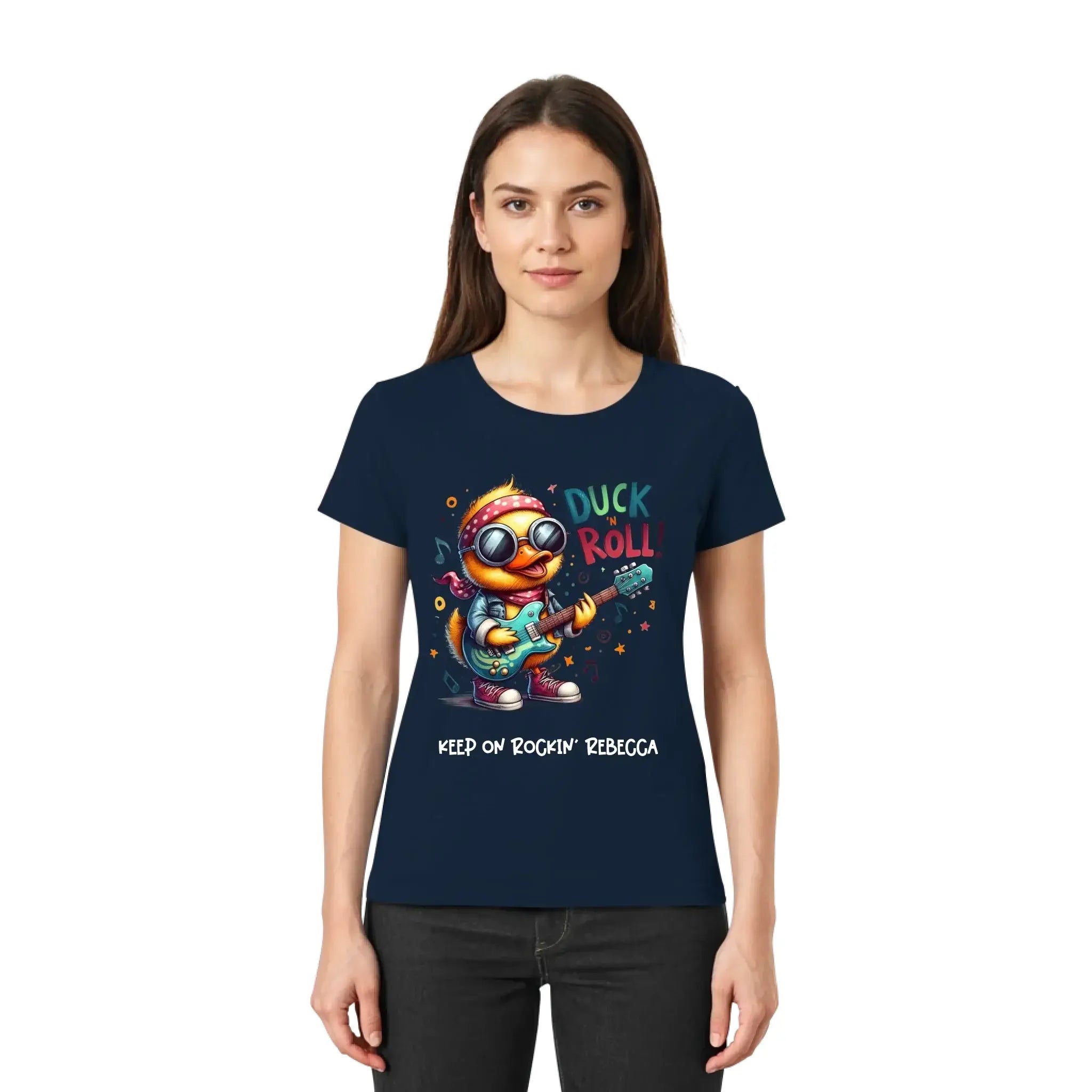Navy blaue damen t-shirt mit buntem cartoon entenmotiv in sonnenbrille an e-gitarre mit duck roll text