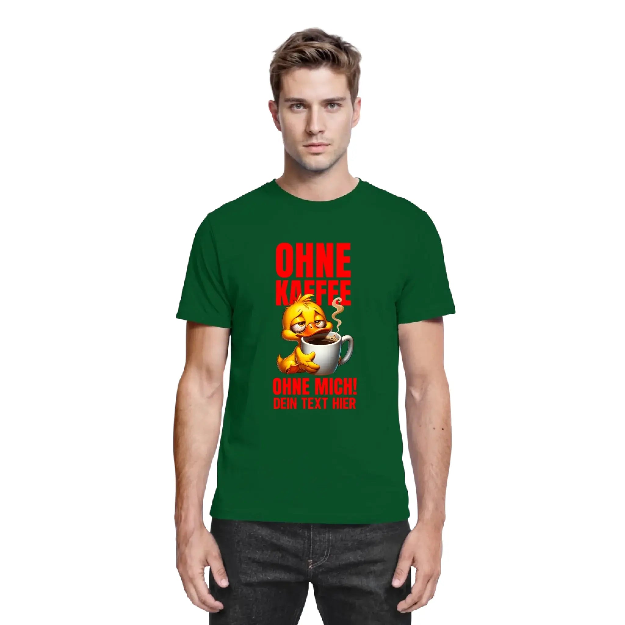Dunkelgrünes baumwollshirt mit gelbem cartoonküken und dampfender kaffeetasse aus der entenmotive statement-collection
