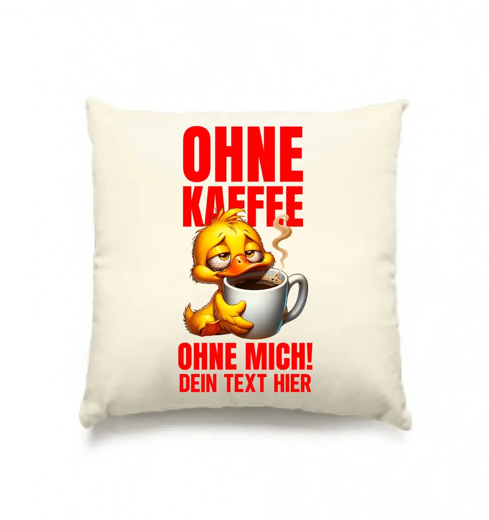 Creamfarbener kissenbezug mit gelber ente und dampfender kaffeetasse aus der statement collection mit rotem deutschem text