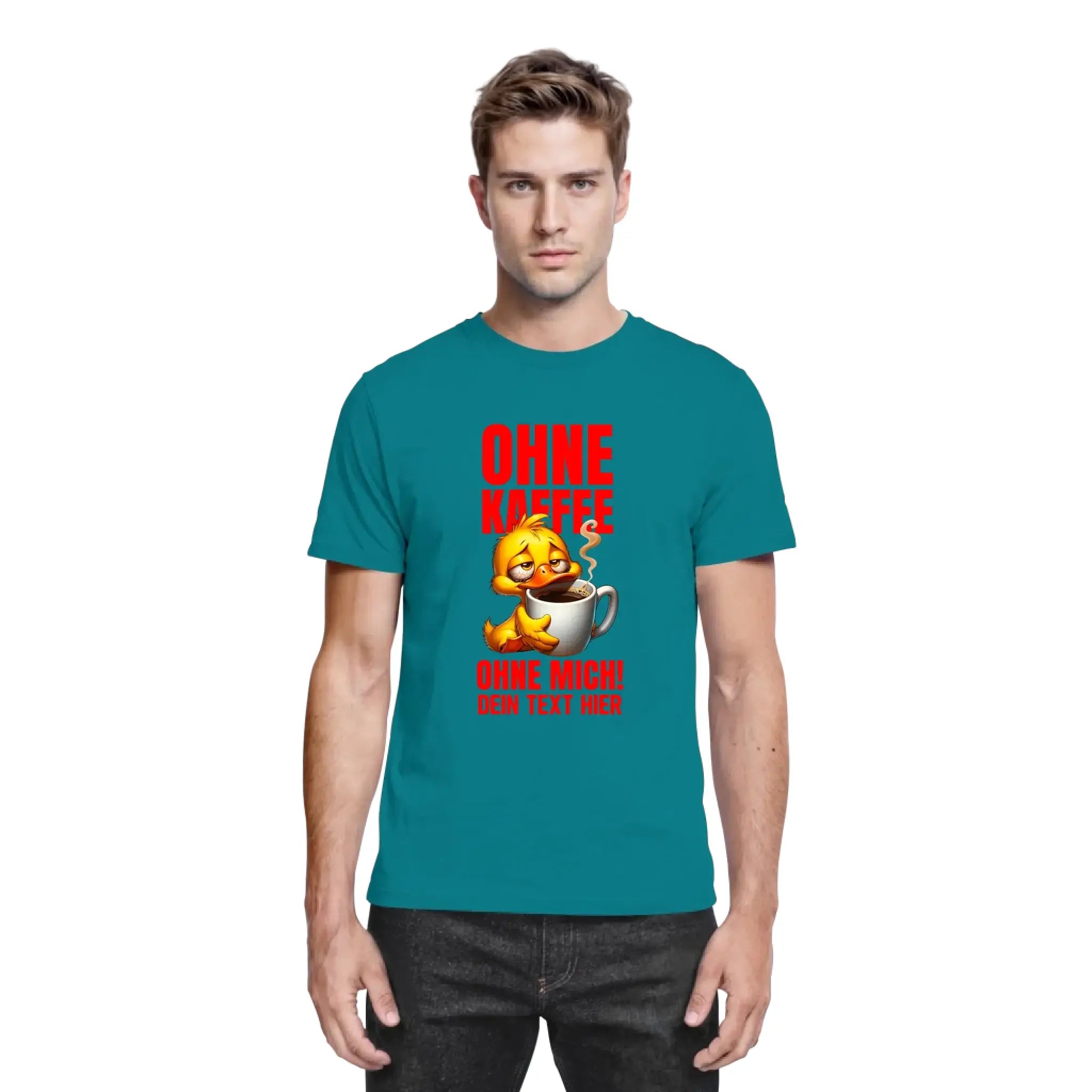 Teal baumwoll t shirt mit gelbem cartoon küken das dampfende kaffeetasse hält und rotem text von duck n roll