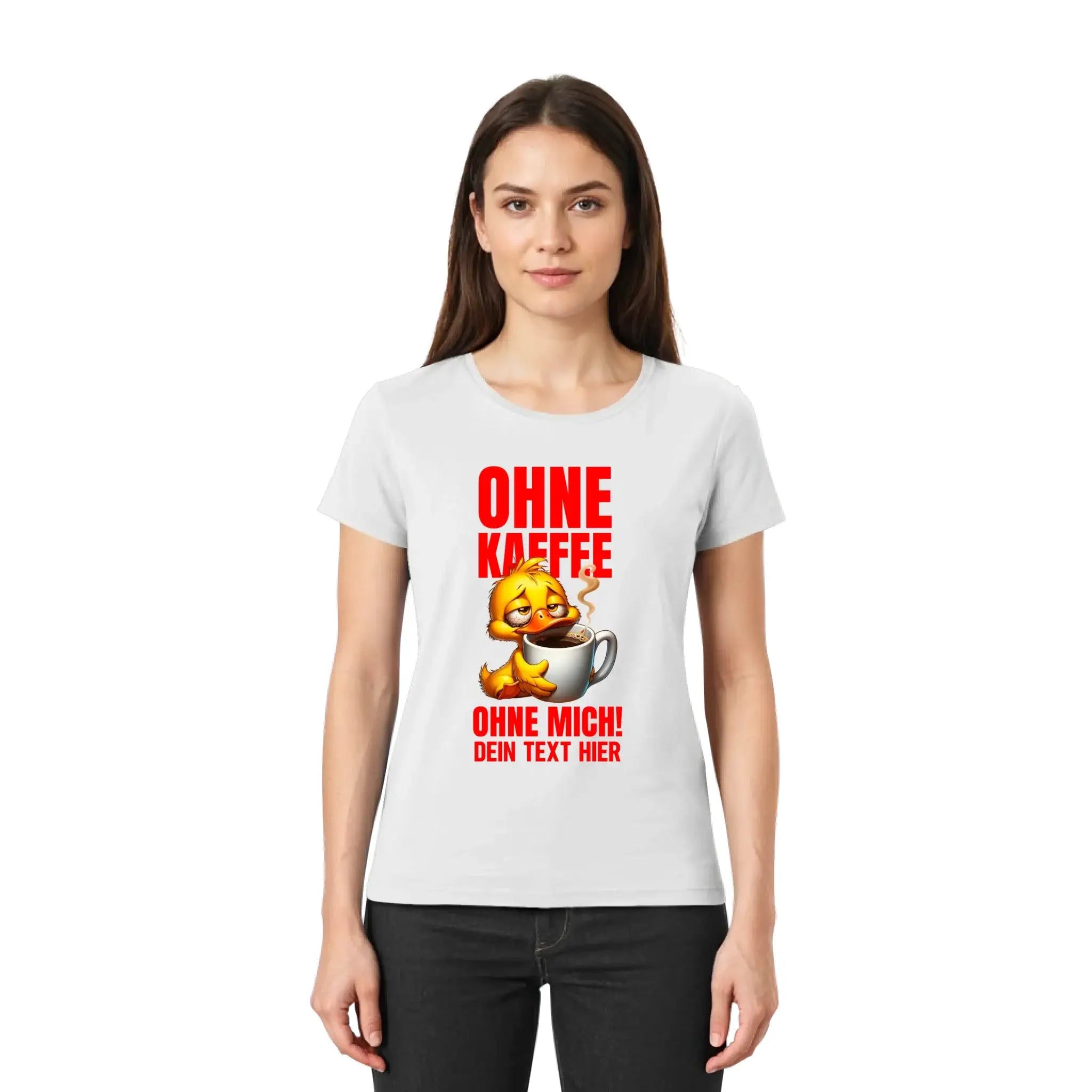 Weißes cotton t-shirt mit gelber cartoonente die kaffee trinkt und rotem deutschen text statement-collection