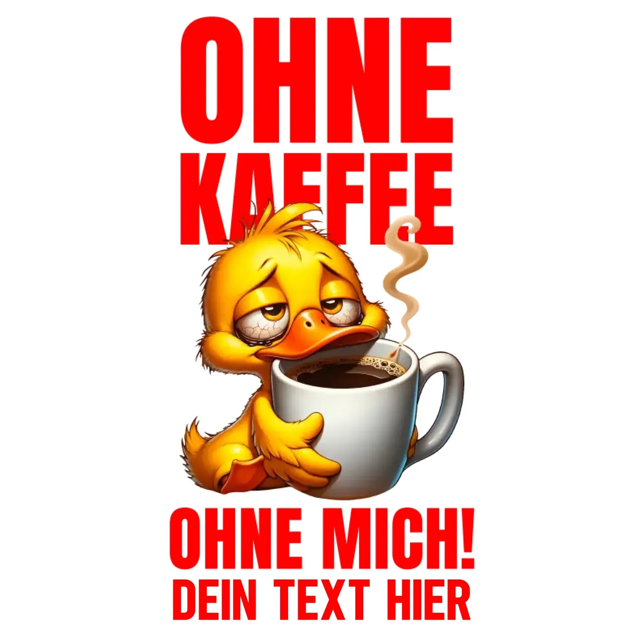 Ein gelber cartoon-ente mit schläfrigen augen hält eine weiße keramik-kaffeetasse mit dampf aus der statement-collection duck n roll