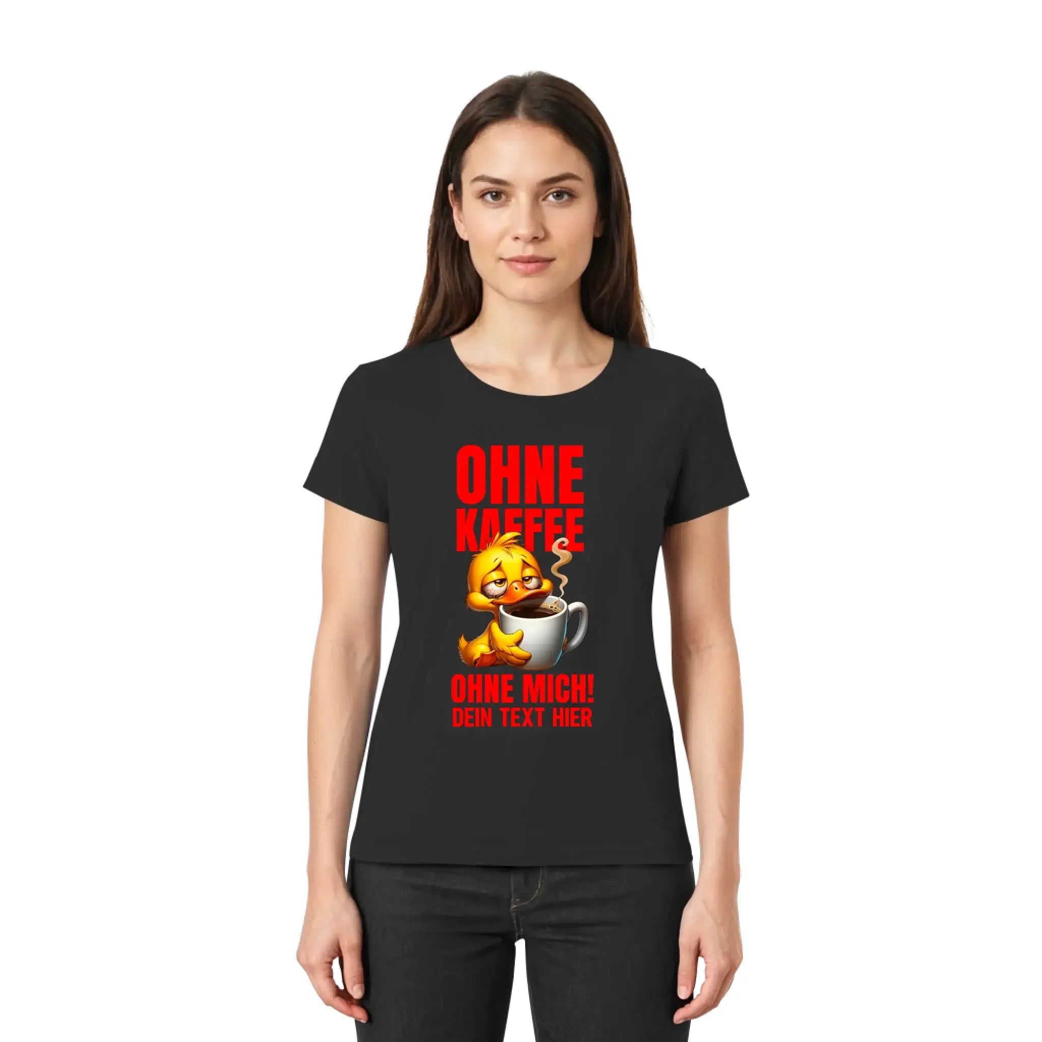 Schwarzes kurzarmshirt mit gelbem cartoonküken und dampfender kaffeetasse aus der duck n roll statement collection