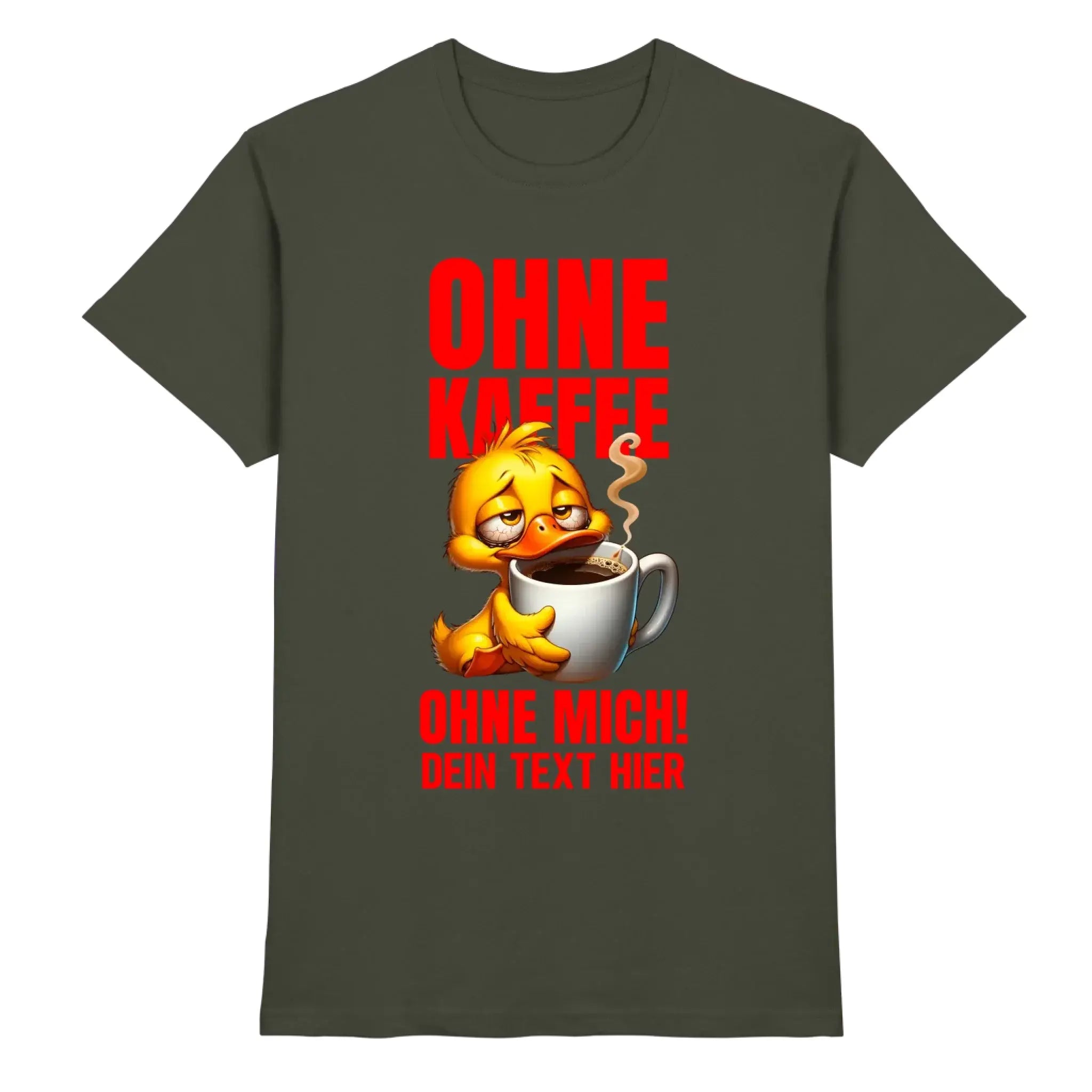 Dunkelolivgrünes baumwollshirt mit gelbem cartoonente und kaffeetasse aus der entenmotive statement-collection