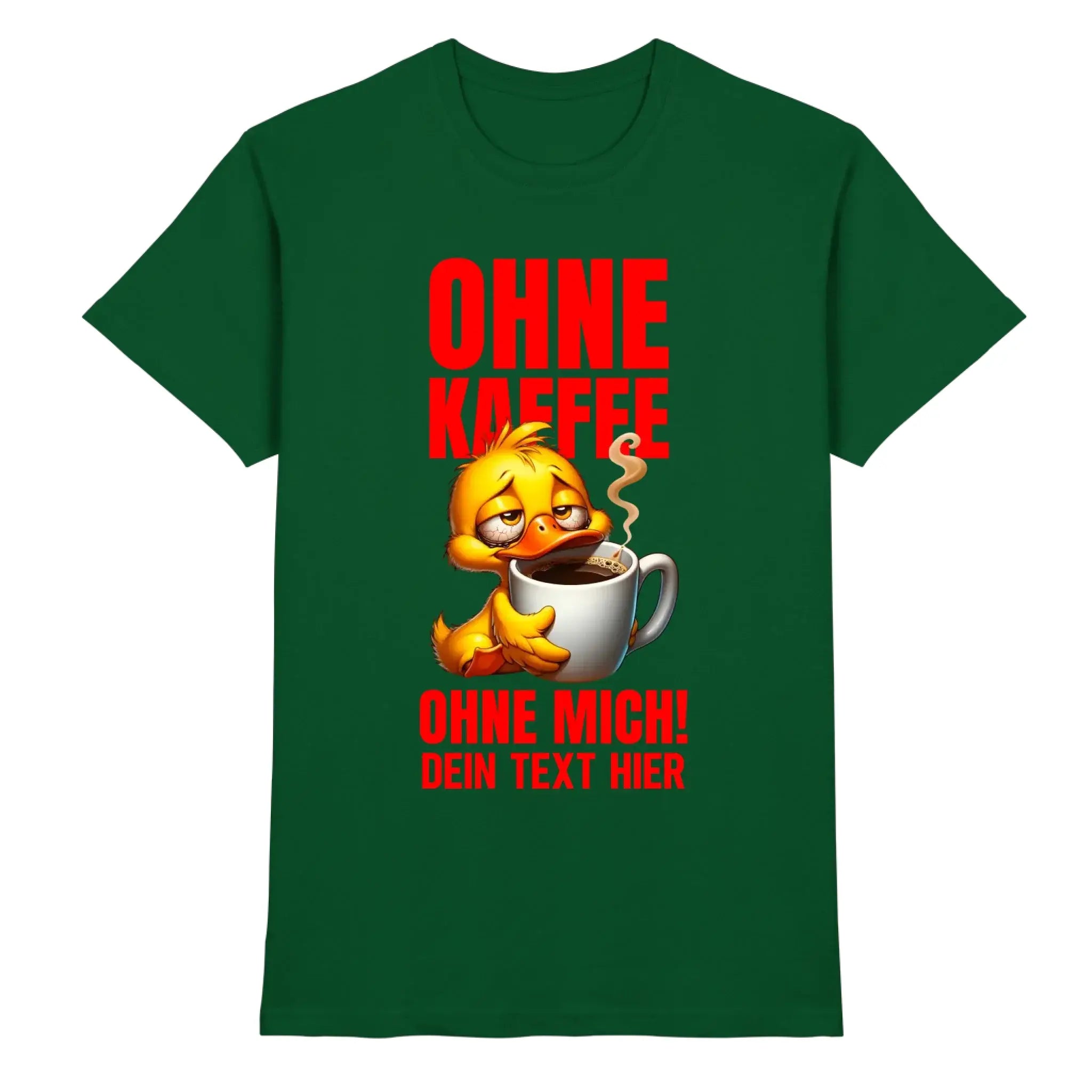 Dunkelgrünes baumwollshirt mit gelber cartoonente, die eine weiße kaffeetasse hält, und rotem deutschem text