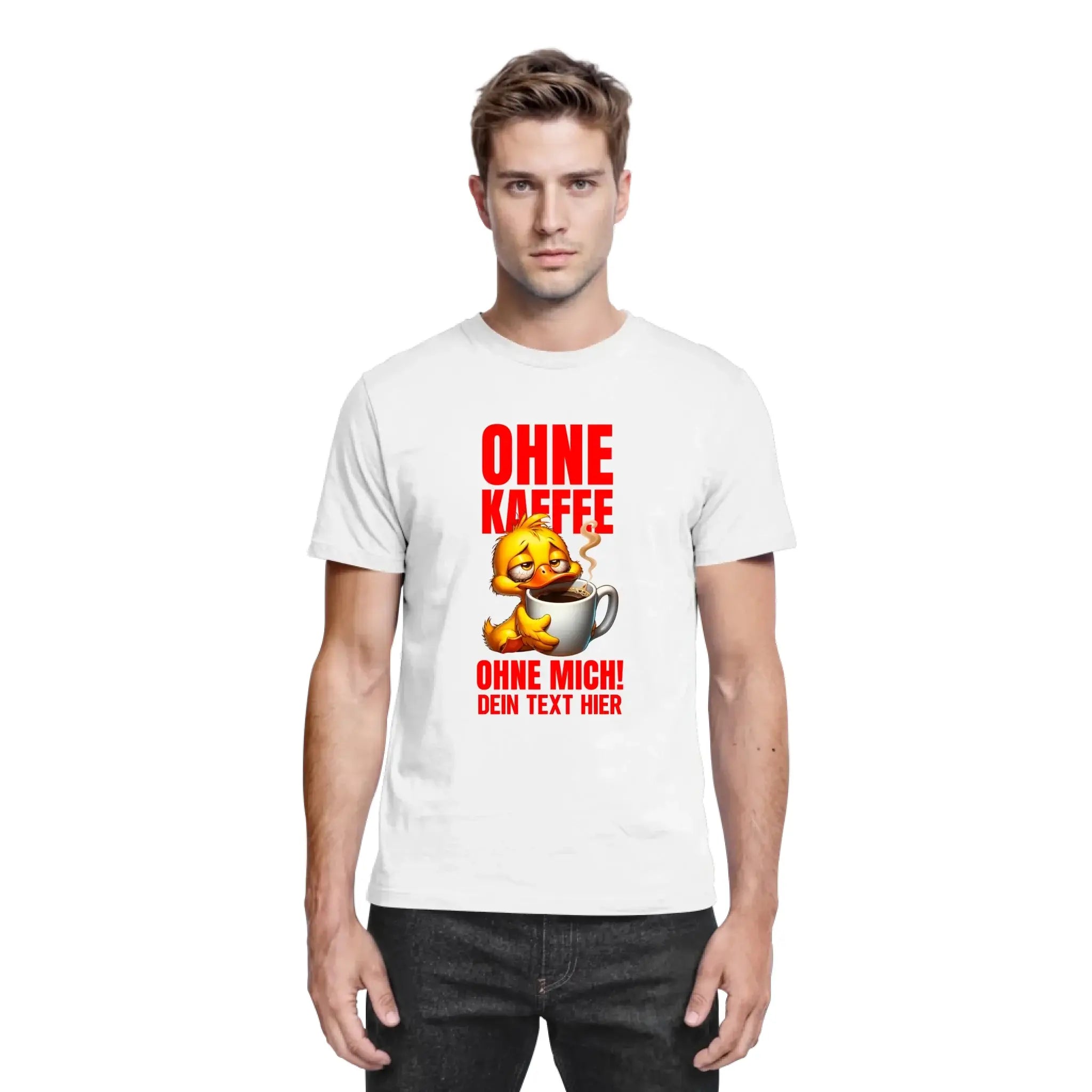 Weiße baumwoll t-shirt mit cartoon gelber ente, die kaffee trinkt, und rotem deutschen text aus der statement-collection