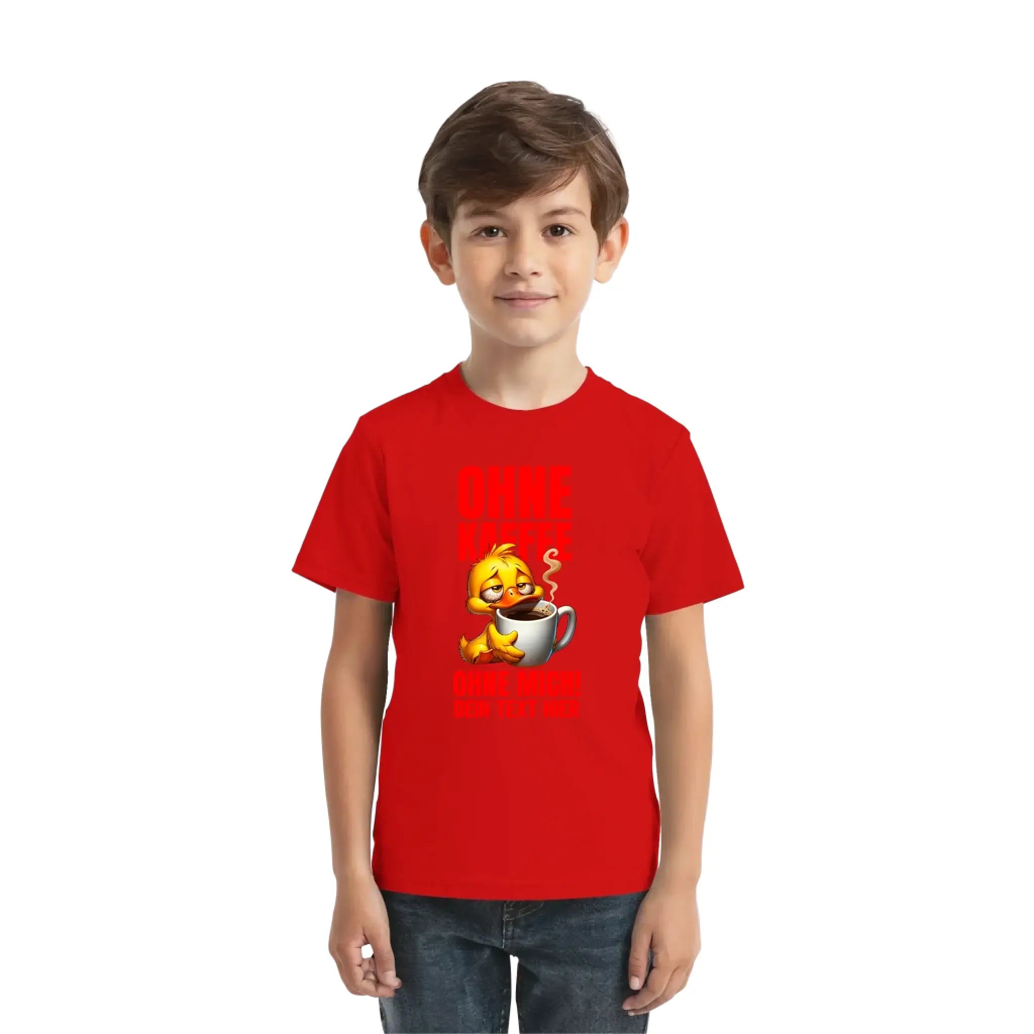 Rotes cotton t-shirt aus der statement collection mit gelbem cartoonküken und ohne kaffee schriftzug