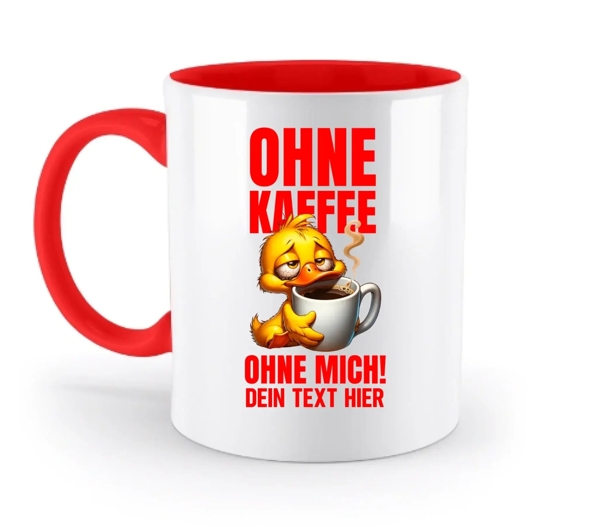 Weiße keramik Tasse mit rotem innenraum und griff, gelbe cartoon Ente mit Kaffee und mutigem rotem Duck off Schriftzug