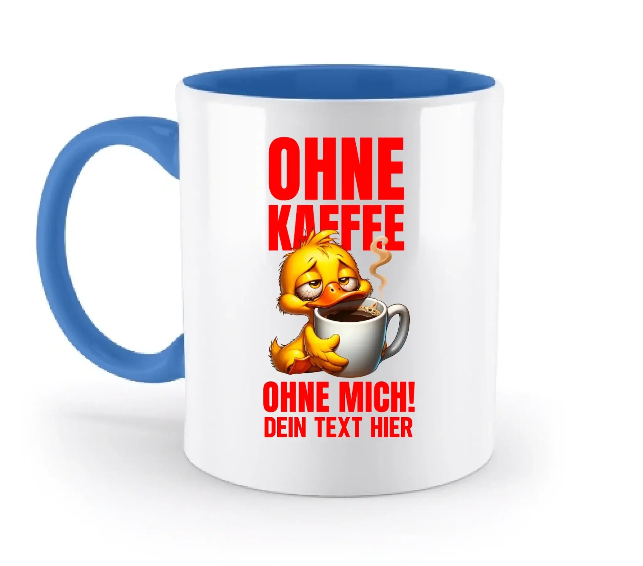 Weiße keramiktasse mit blauem griff und innenraum mit gelber ente und rotem deutschen text duck off