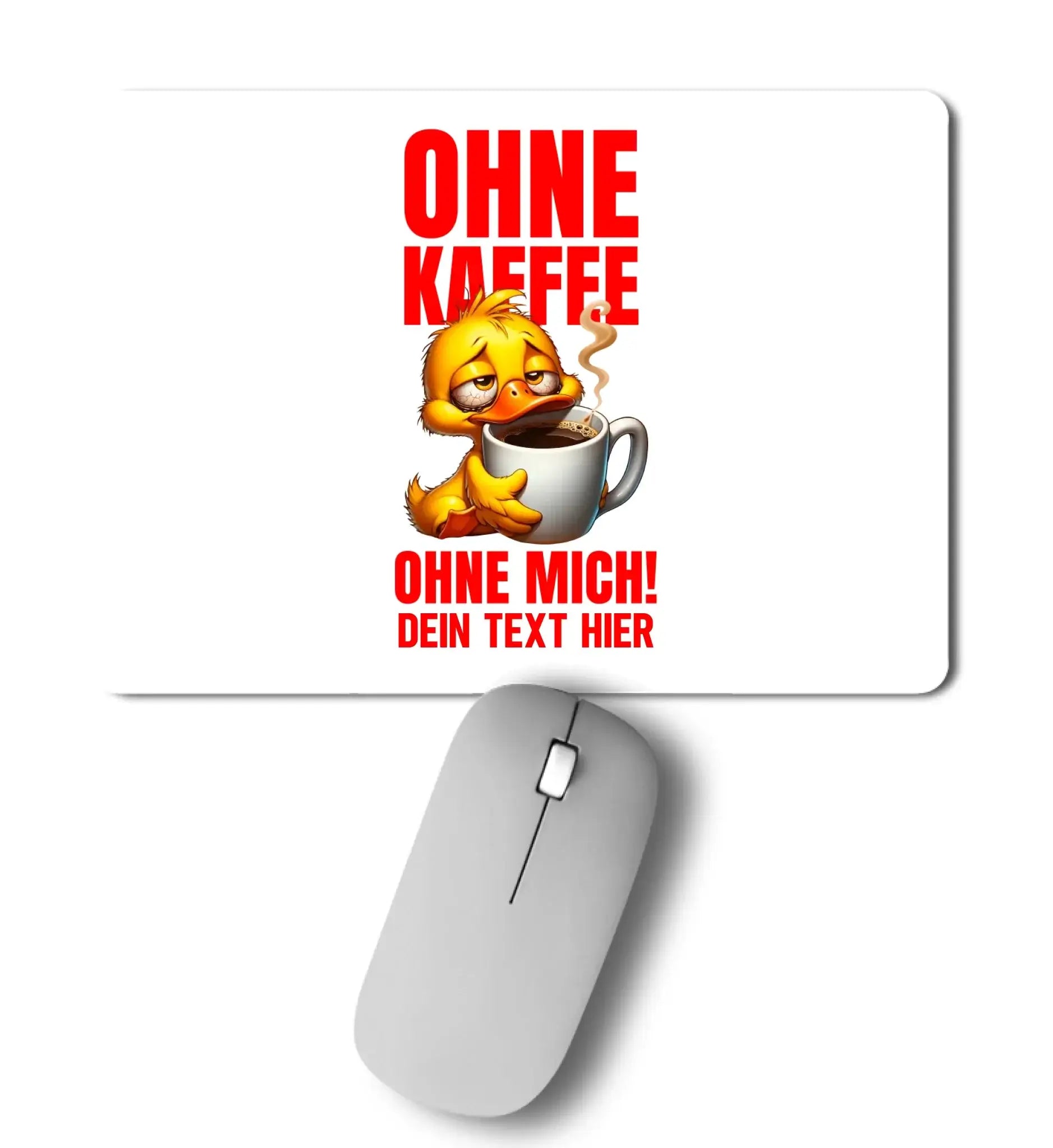 Weißer rechteckiger mousepad mit cartoon gelber ente trinkt kaffee und rotem text duck off mit silberner kabelloser maus