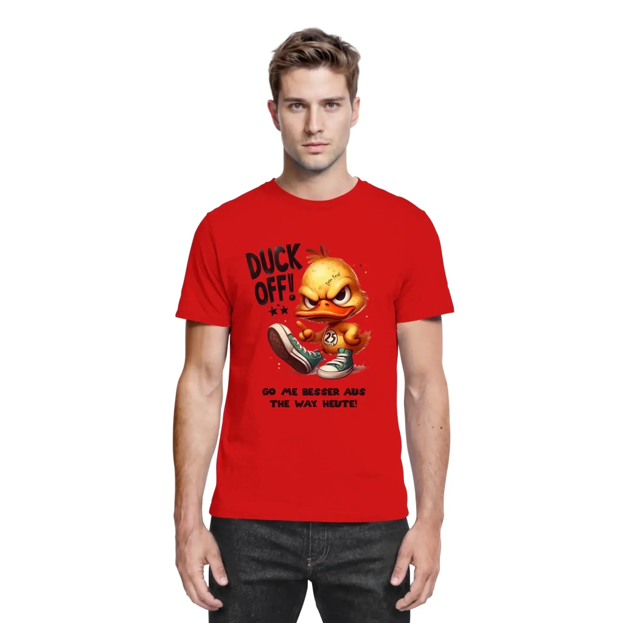 Rotes cotton t-shirt mit cartoon-entenmotiv und text duck off mehrere artikel statement-collection wunschtext