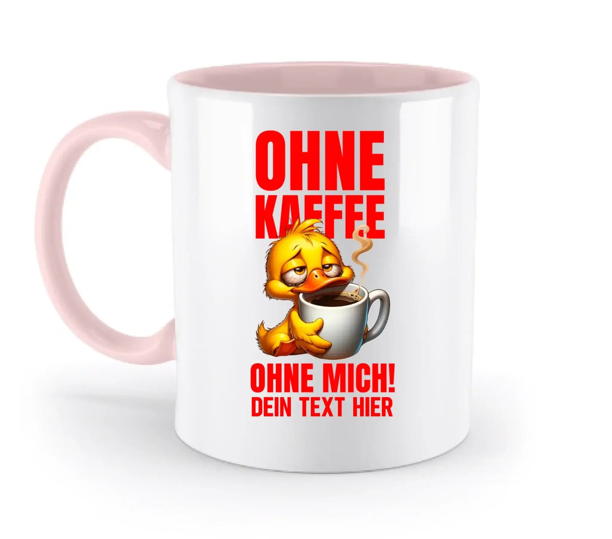 Weiße keramiktasse mit pinkem griff und innen, cartoon gelbe ente mit kaffetasse und rotem duck off text