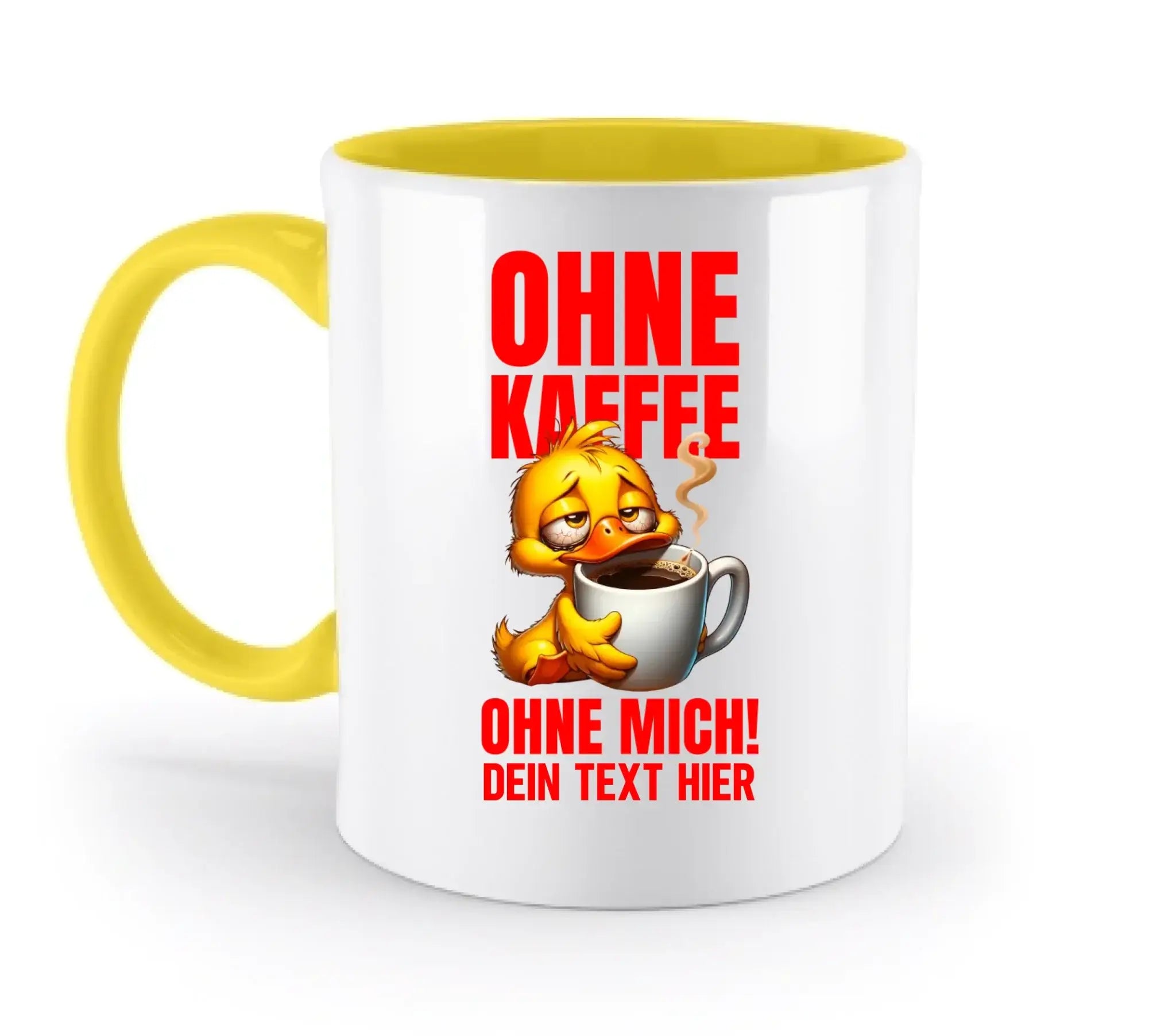 Weiße keramiktasse mit gelbem henkel und innenbereich, cartoonente mit kaffeetasse und rotem deutschen text duck off