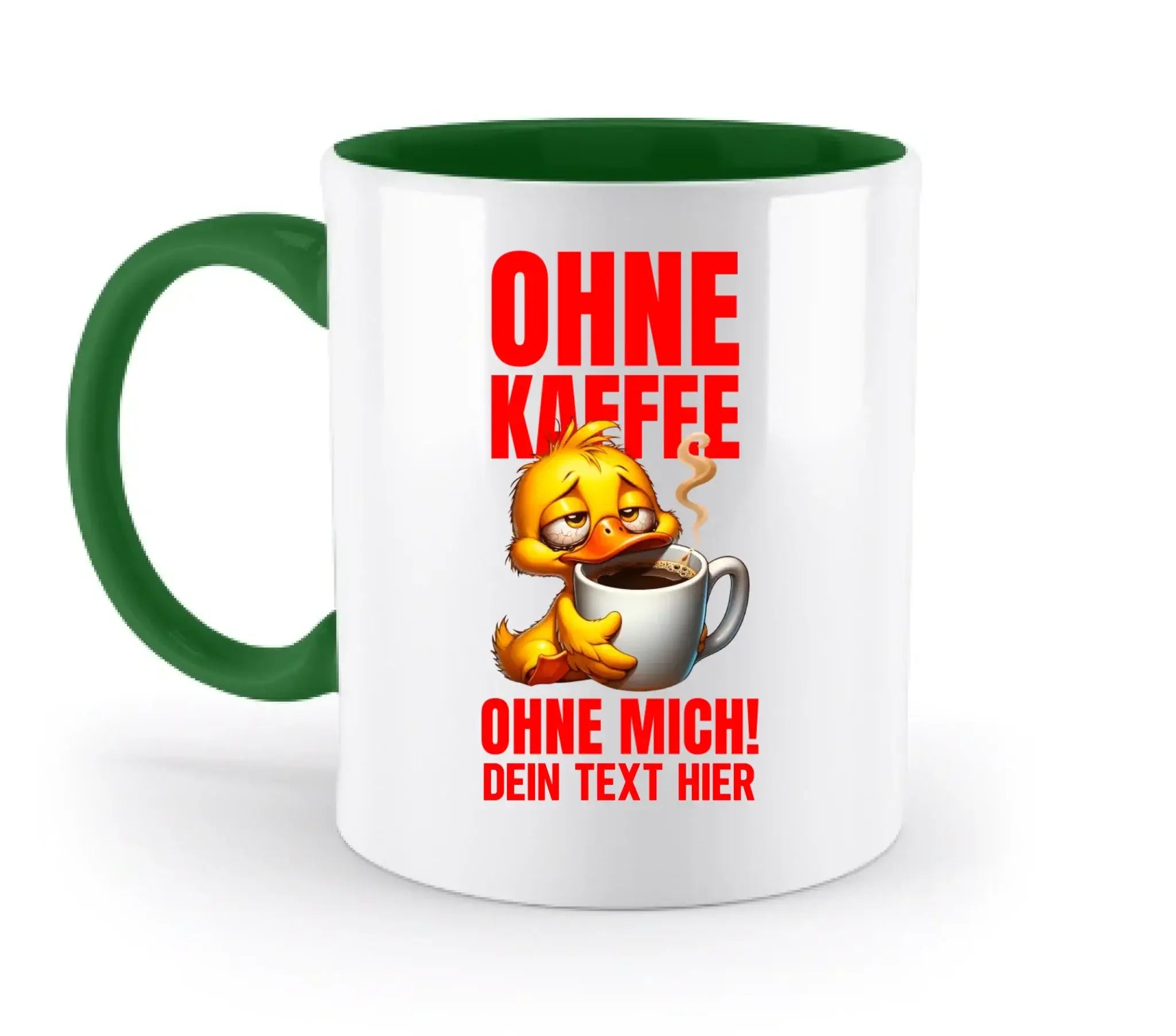Weiße keramiktasse mit grünem griff und innenseite mit gelbem enten cartoon und rotem text duck off