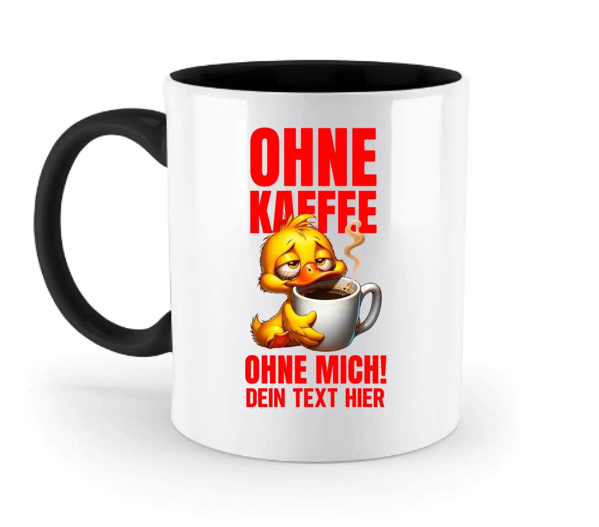 Weiße keramiktasse mit schwarzem griff und innen, gelbe cartoonente mit kaffeetasse und rotem deutschen text duck off