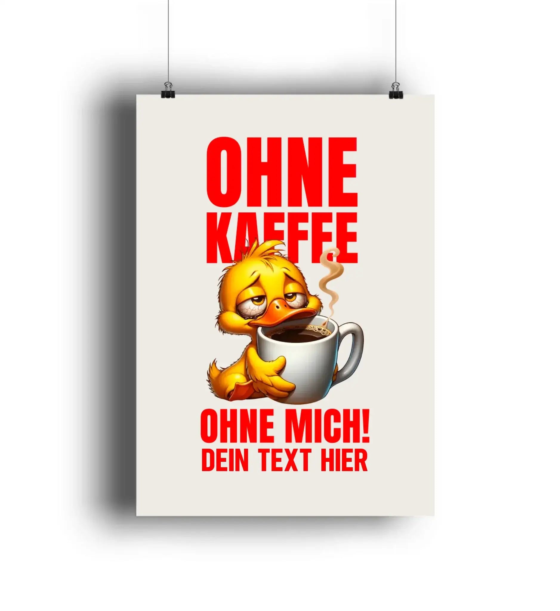 Cartoon gelbe ente hält weiße kaffeetasse mit dampf vor cremefarbenem hintergrund im duck off statement style