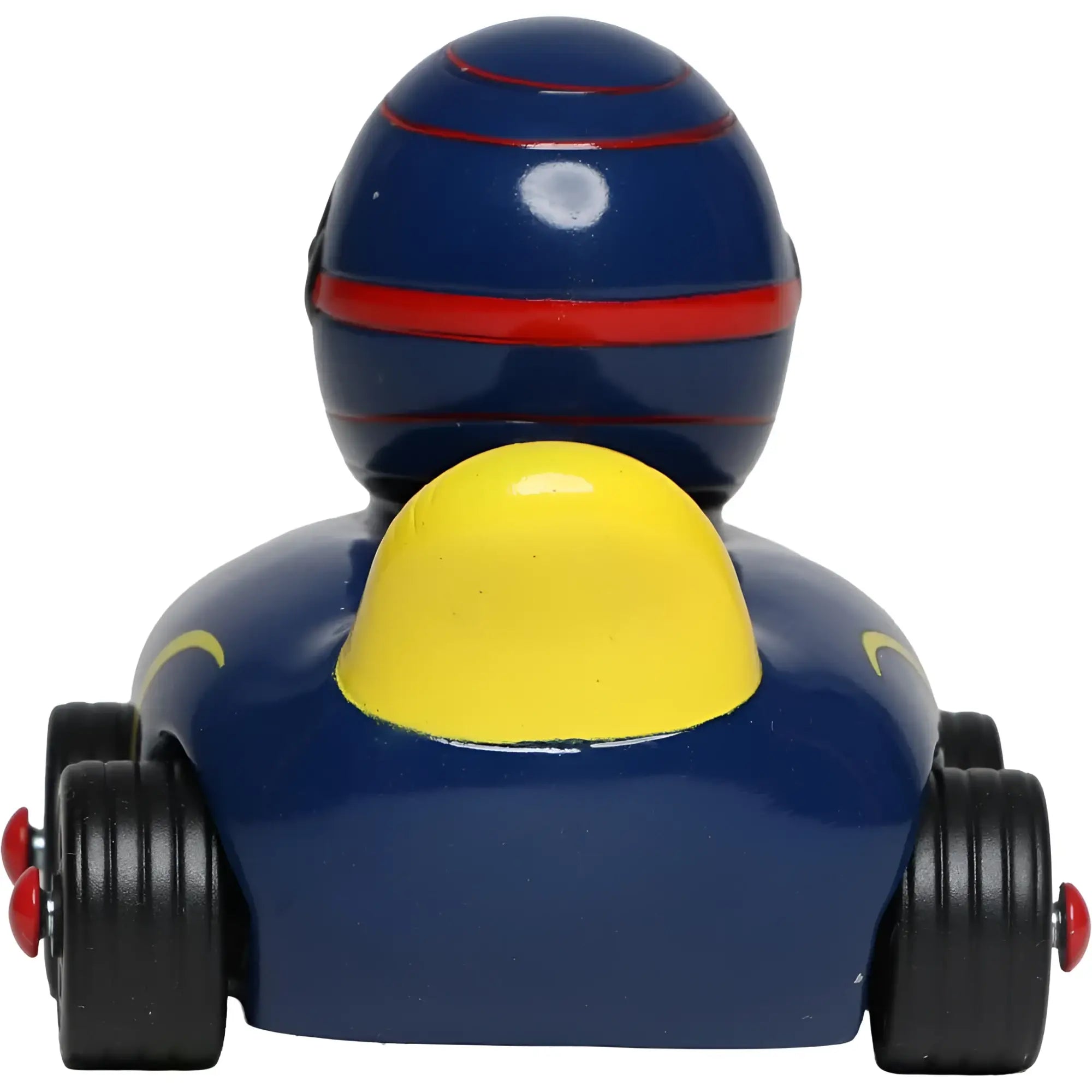 Blau-gelbe badeente dunkelblau als auto rennfahrer mit rot gestreiftem helm von schnabels aus gummi